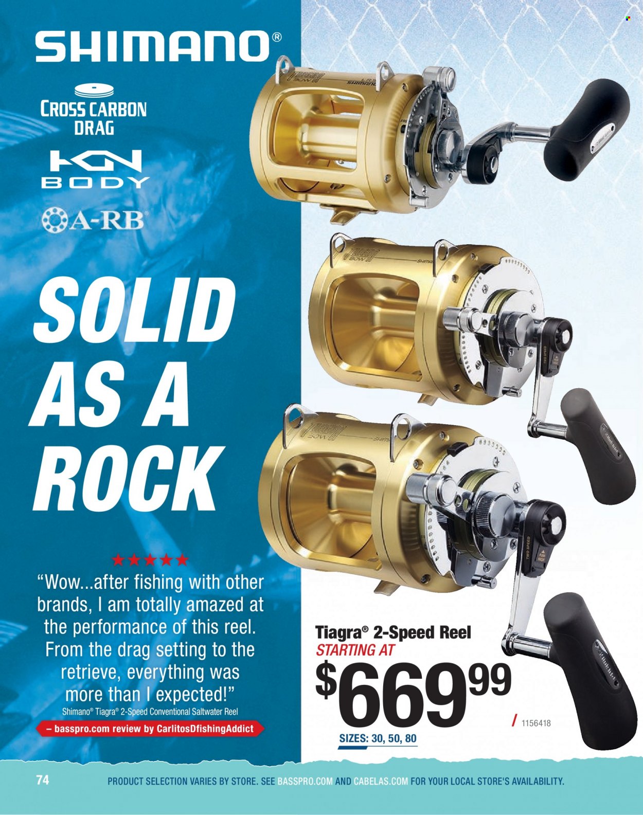 thumbnail - Bass Pro Shops Flyer - Sales products - Shimano, reel, fishing rod. Page 74.