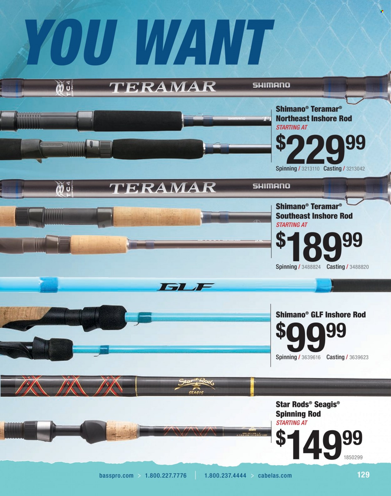 Bass Pro Shops Flyer - Sales products - Shimano, fishing rod. Page 129.