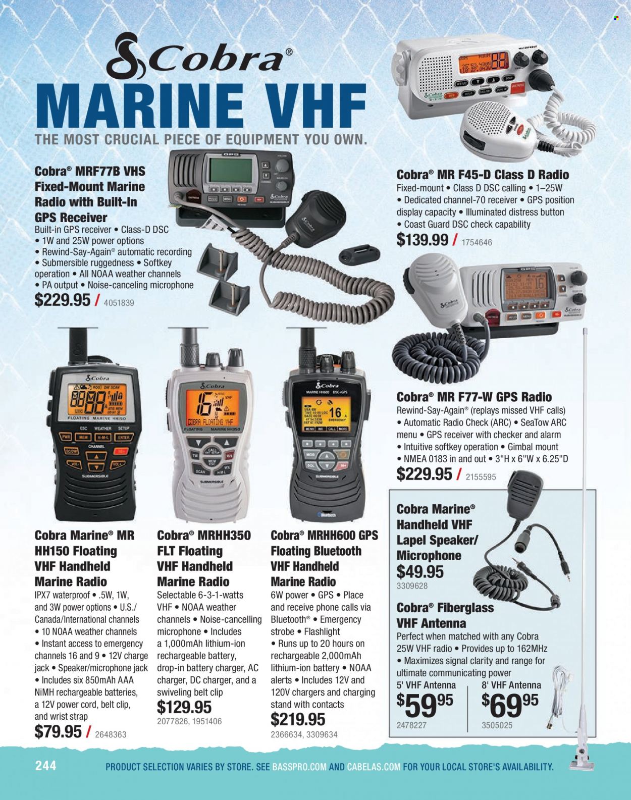 Bass Pro Shops Flyer - Sales products - radio, speaker, microphone, antenna, wrist strap, strap. Page 244.