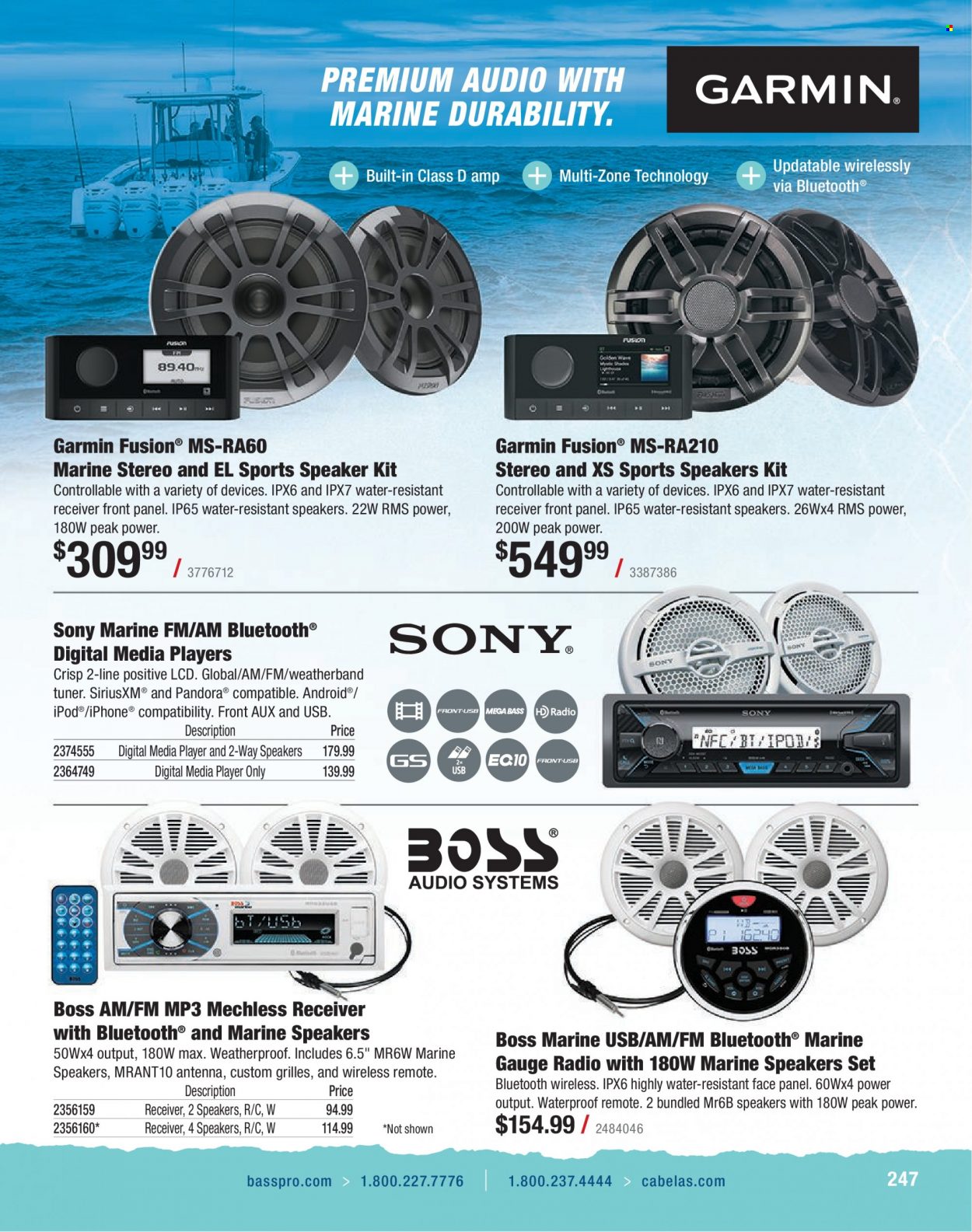 thumbnail - Bass Pro Shops Flyer - Sales products - Garmin, Sony, radio, car speakers, media player, Apple, speaker, antenna. Page 247.