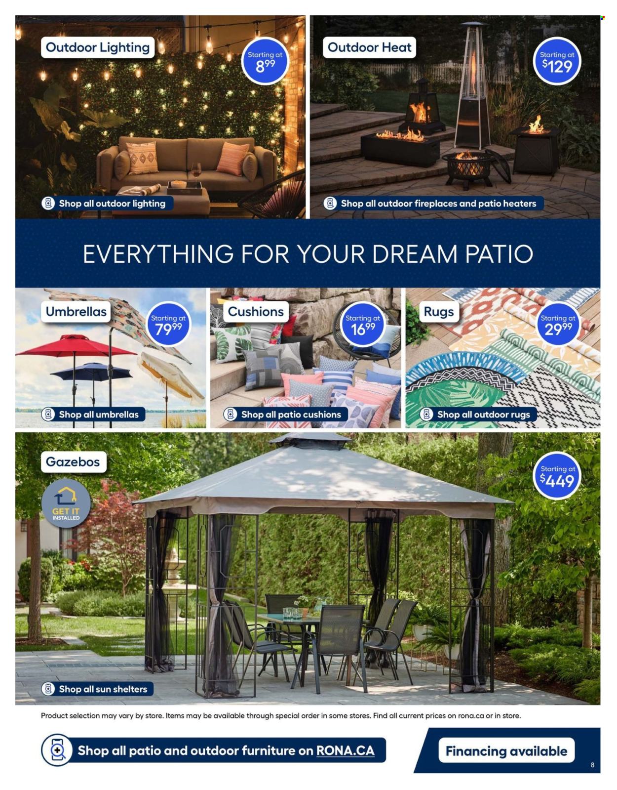 thumbnail - RONA Flyer - January 19, 2024 - June 30, 2024 - Sales products - cushion, outdoor furniture, lighting, outdoor lighting, fireplace, rug, gazebo, umbrella. Page 8.