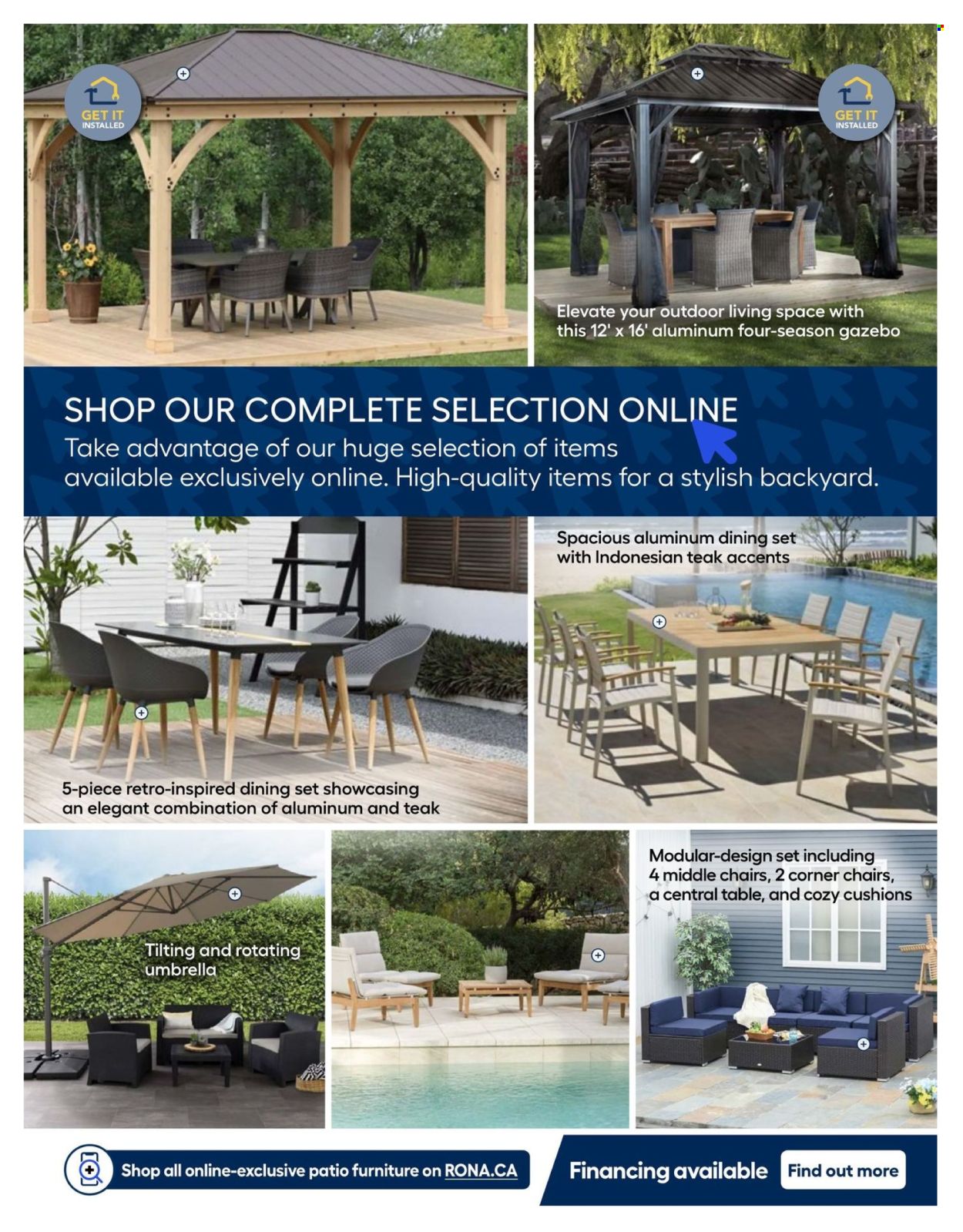 thumbnail - RONA Flyer - January 19, 2024 - June 30, 2024 - Sales products - cushion, dining set, table, chair, patio furniture, gazebo, umbrella. Page 9.