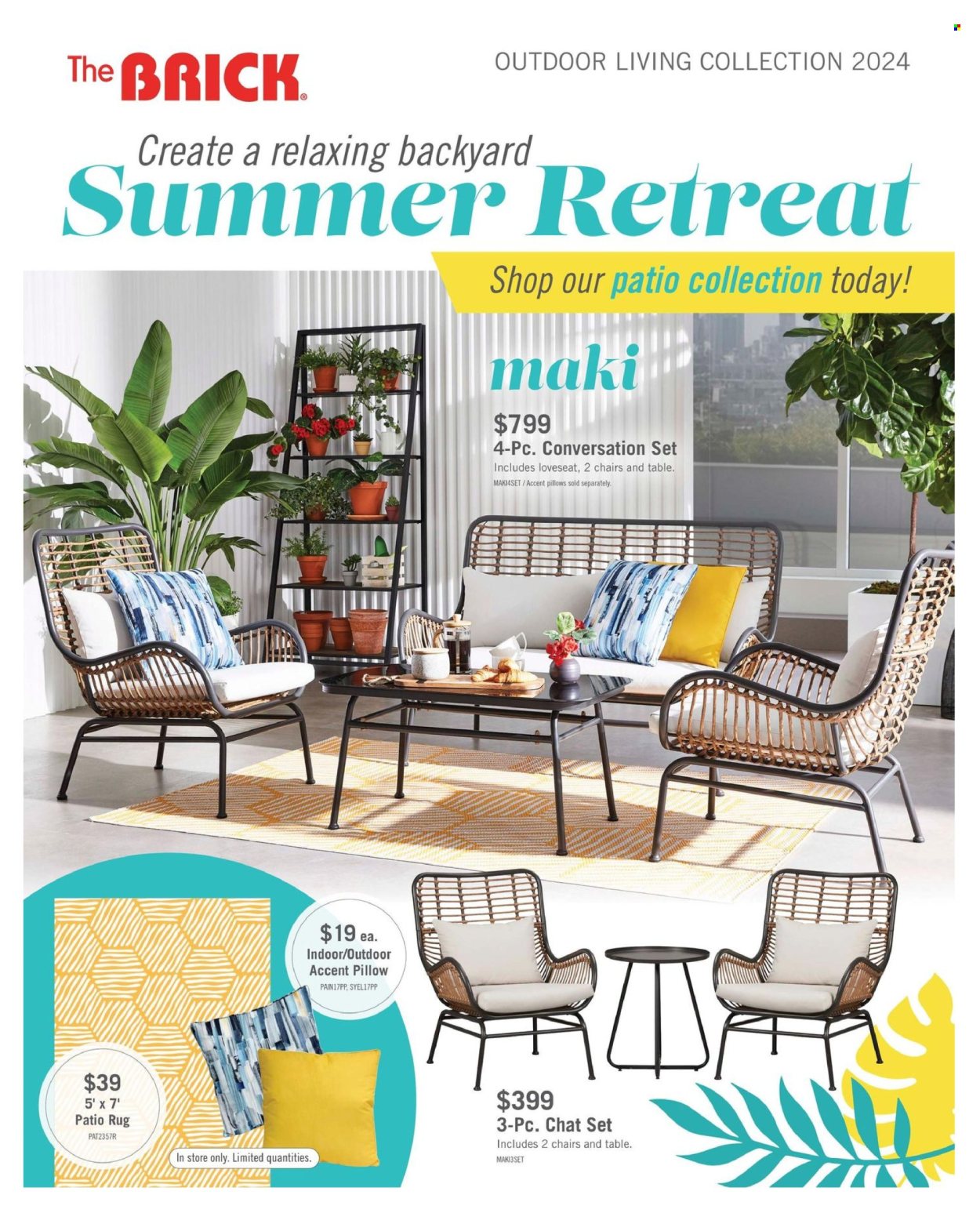 thumbnail - The Brick Flyer - March 01, 2024 - July 31, 2024 - Sales products - pillow, table, chair, loveseat, rug. Page 1.