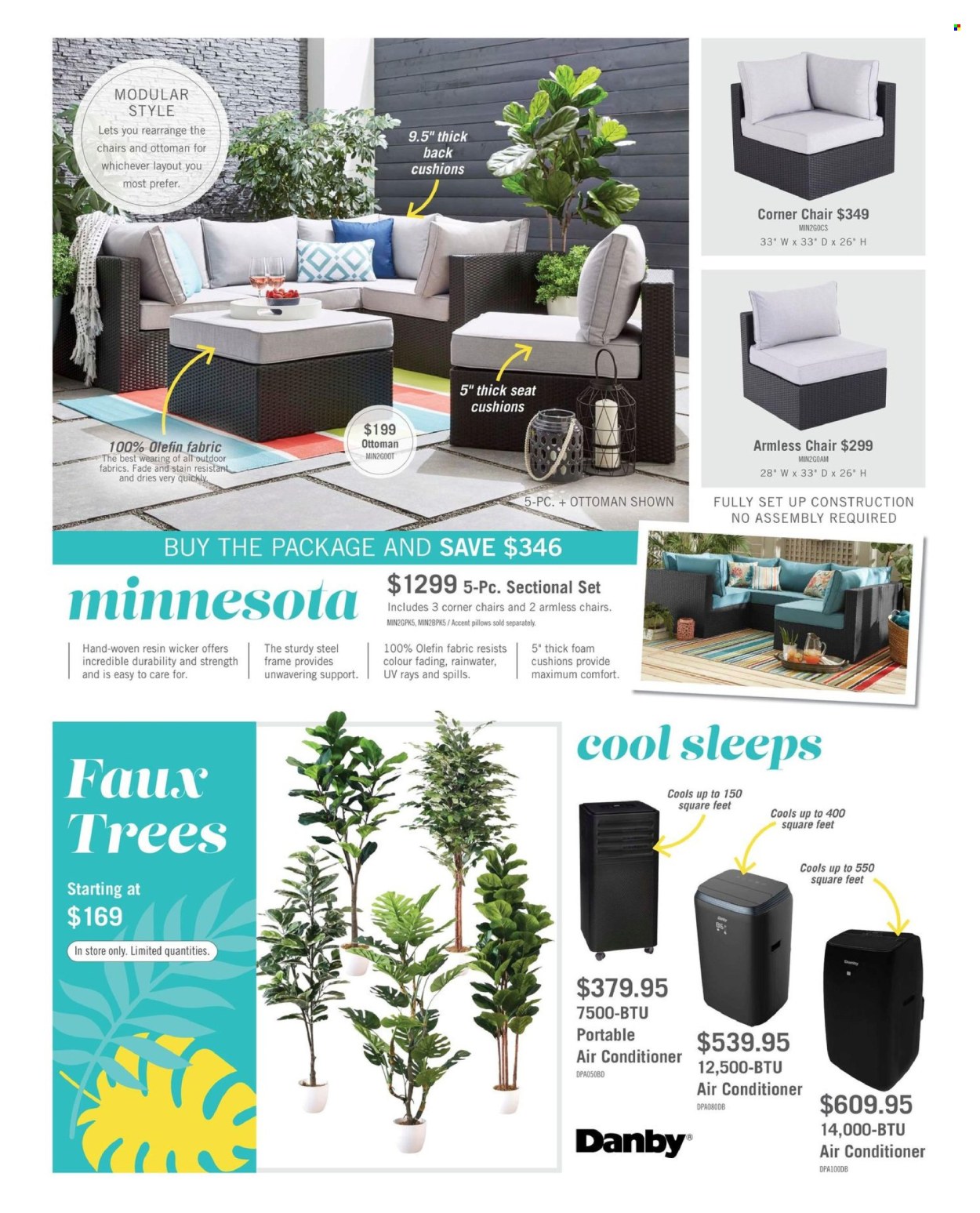 thumbnail - The Brick Flyer - March 01, 2024 - July 31, 2024 - Sales products - cushion, pillow, Danby, air conditioner, portable air conditioner, chair, corner chair, ottoman. Page 9.