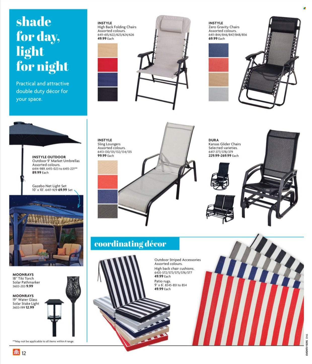 thumbnail - Home Hardware Flyer - March 07, 2024 - May 22, 2024 - Sales products - chair, cushion, light set, solar stake, rug, gazebo, umbrella, parasol. Page 12.