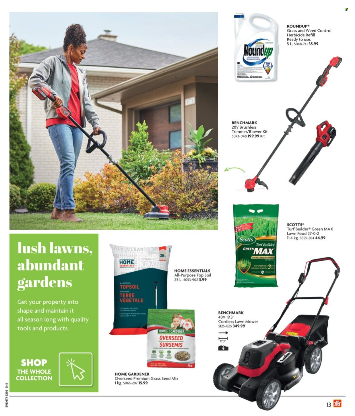 thumbnail - Home Hardware Flyer - March 07, 2024 - May 22, 2024 - Sales products - trimmer, lawn mower, blower, grass seed, fertilizer, turf builder, Roundup, weed control. Page 13.