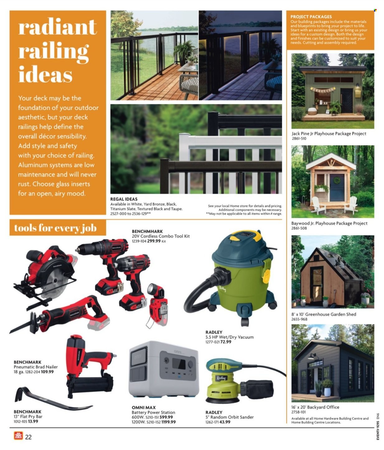 thumbnail - Home Hardware Flyer - March 07, 2024 - May 22, 2024 - Sales products - vacuum cleaner, random orbit sander, pry bar, tool set, nailer, greenhouse, garden shed, shed, battery. Page 22.