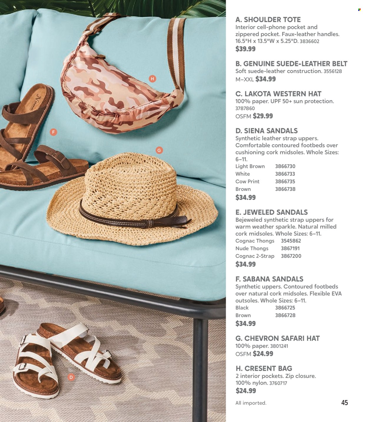 thumbnail - Bass Pro Shops Flyer - Sales products - hat, bag, tote, belt, sandals, strap. Page 45.