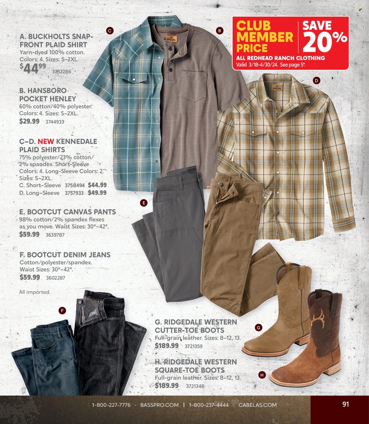 thumbnail - Bass Pro Shops Flyer - Sales products - Denim, jeans, pants, shirt, boots. Page 91.
