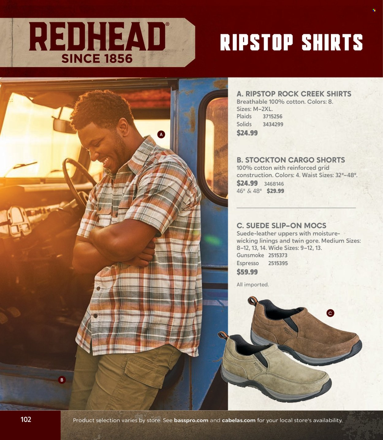 thumbnail - Bass Pro Shops Flyer - Sales products - shorts, shirt, mocs, slip-on shoes. Page 102.