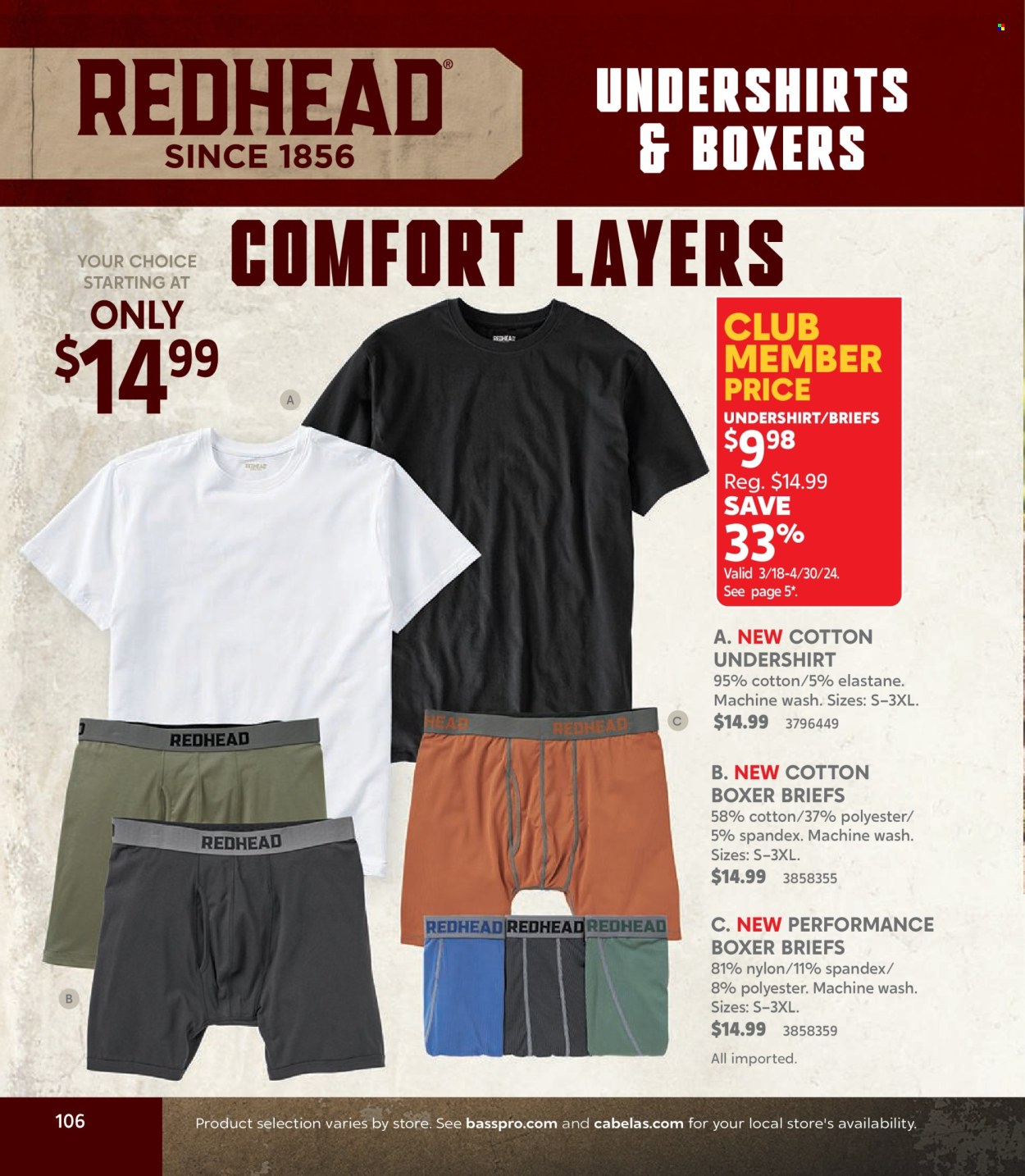 thumbnail - Bass Pro Shops Flyer - Sales products - briefs, boxer shorts, undershirt. Page 106.