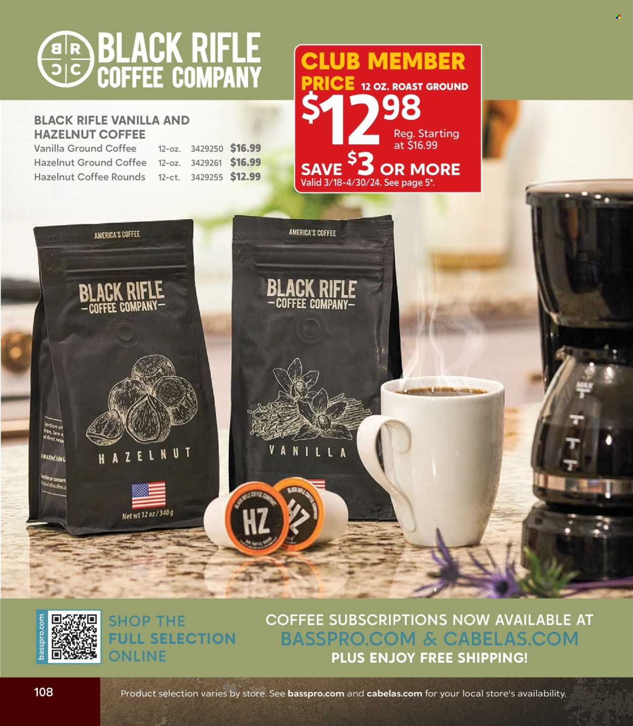 thumbnail - Bass Pro Shops Flyer - Sales products - coffee, ground coffee. Page 108.