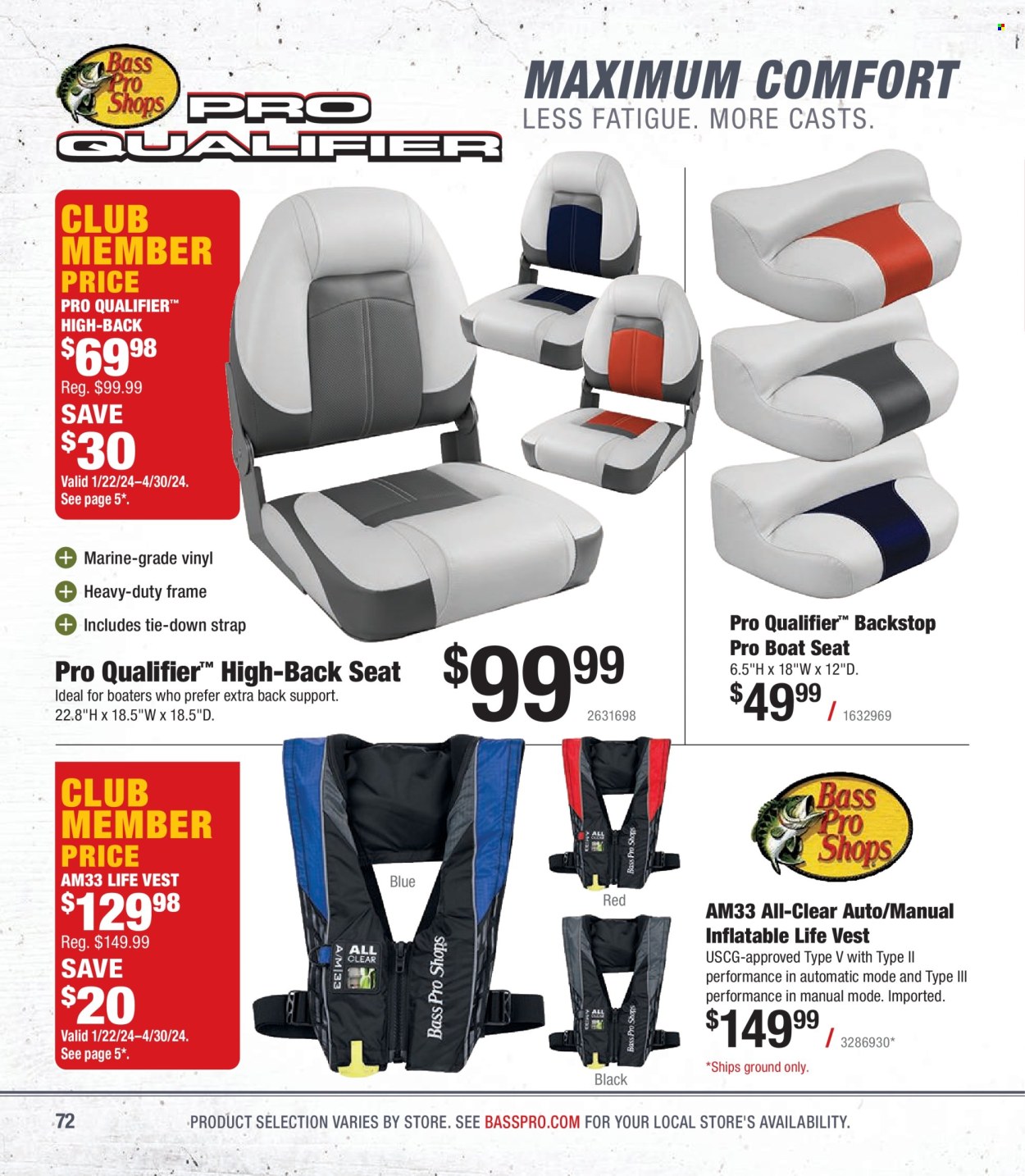 thumbnail - Bass Pro Shops Flyer - Sales products - vest, life jacket, boat seat, Bass Pro, strap. Page 72.