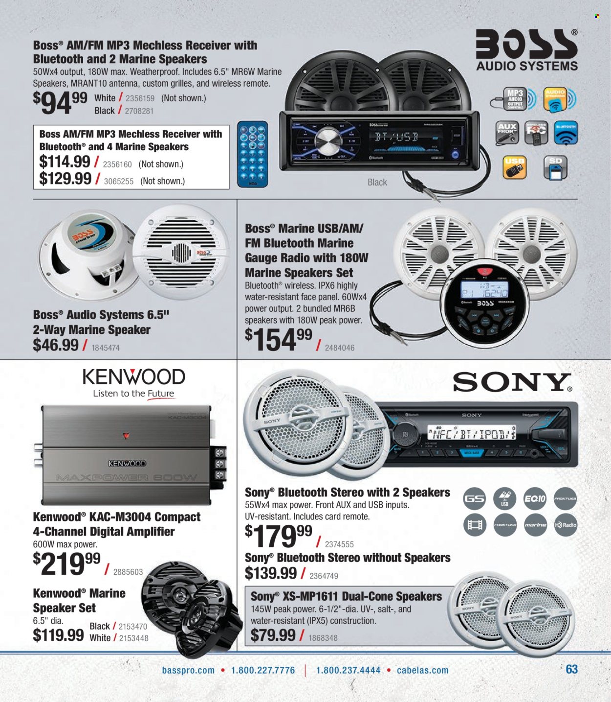thumbnail - Bass Pro Shops Flyer - Sales products - Sony, radio, speaker, antenna. Page 63.