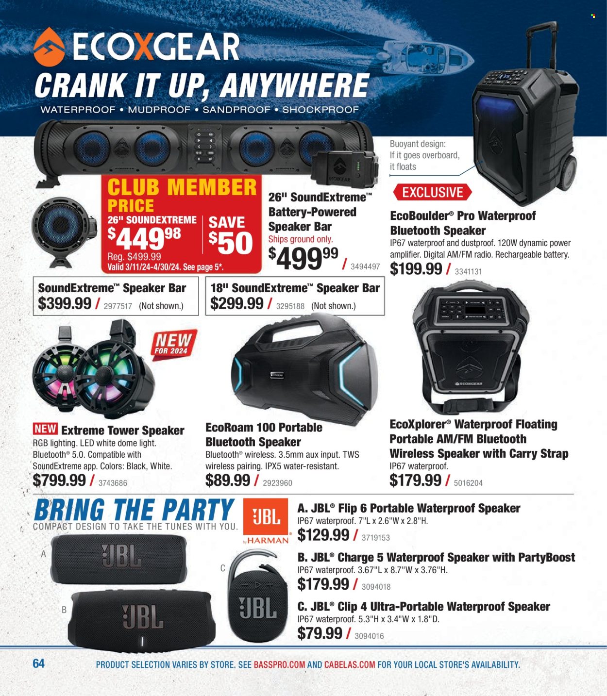 thumbnail - Bass Pro Shops Flyer - Sales products - radio, speaker, bluetooth speaker, amplifier, strap, JBL. Page 64.