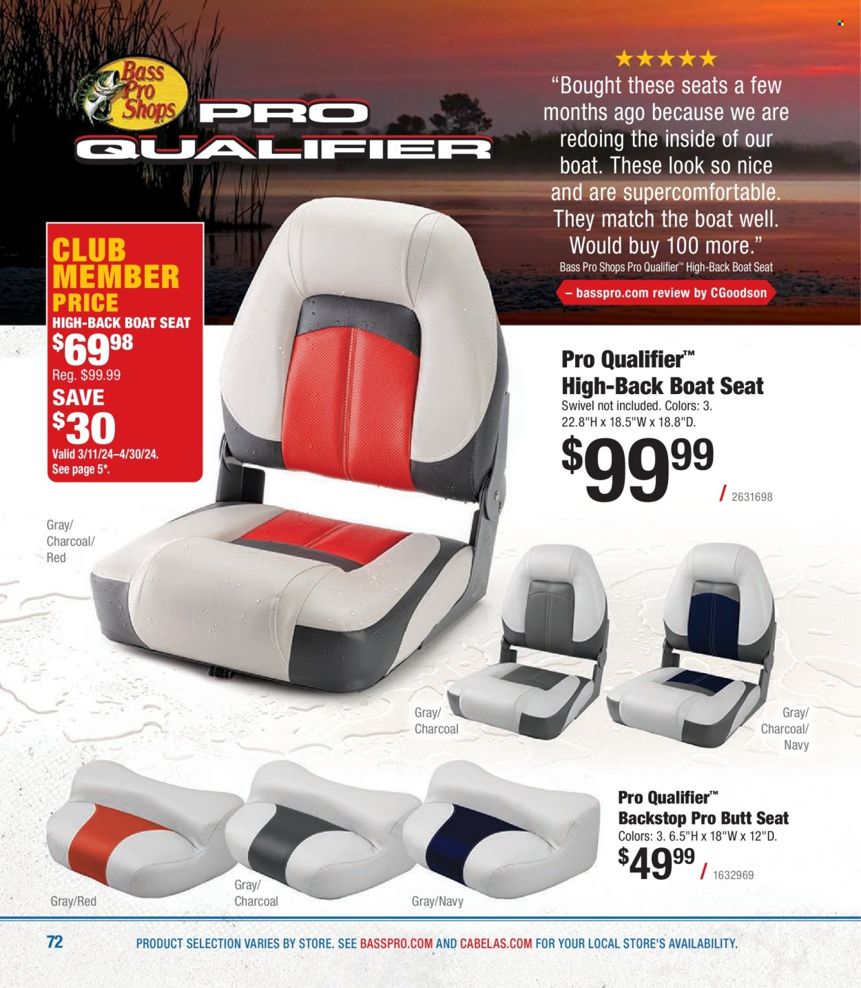 thumbnail - Bass Pro Shops Flyer - Sales products - boat seat, Bass Pro, charcoal. Page 72.