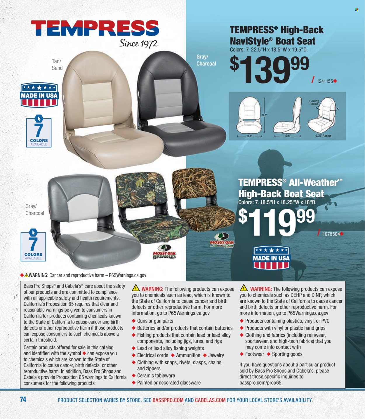 thumbnail - Bass Pro Shops Flyer - Sales products - boat seat, Bass Pro. Page 74.