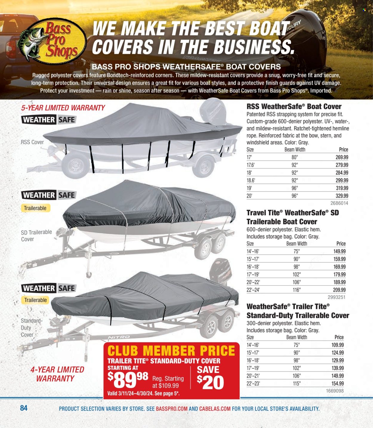 thumbnail - Bass Pro Shops Flyer - Sales products - Snug, boat cover, Bass Pro. Page 84.