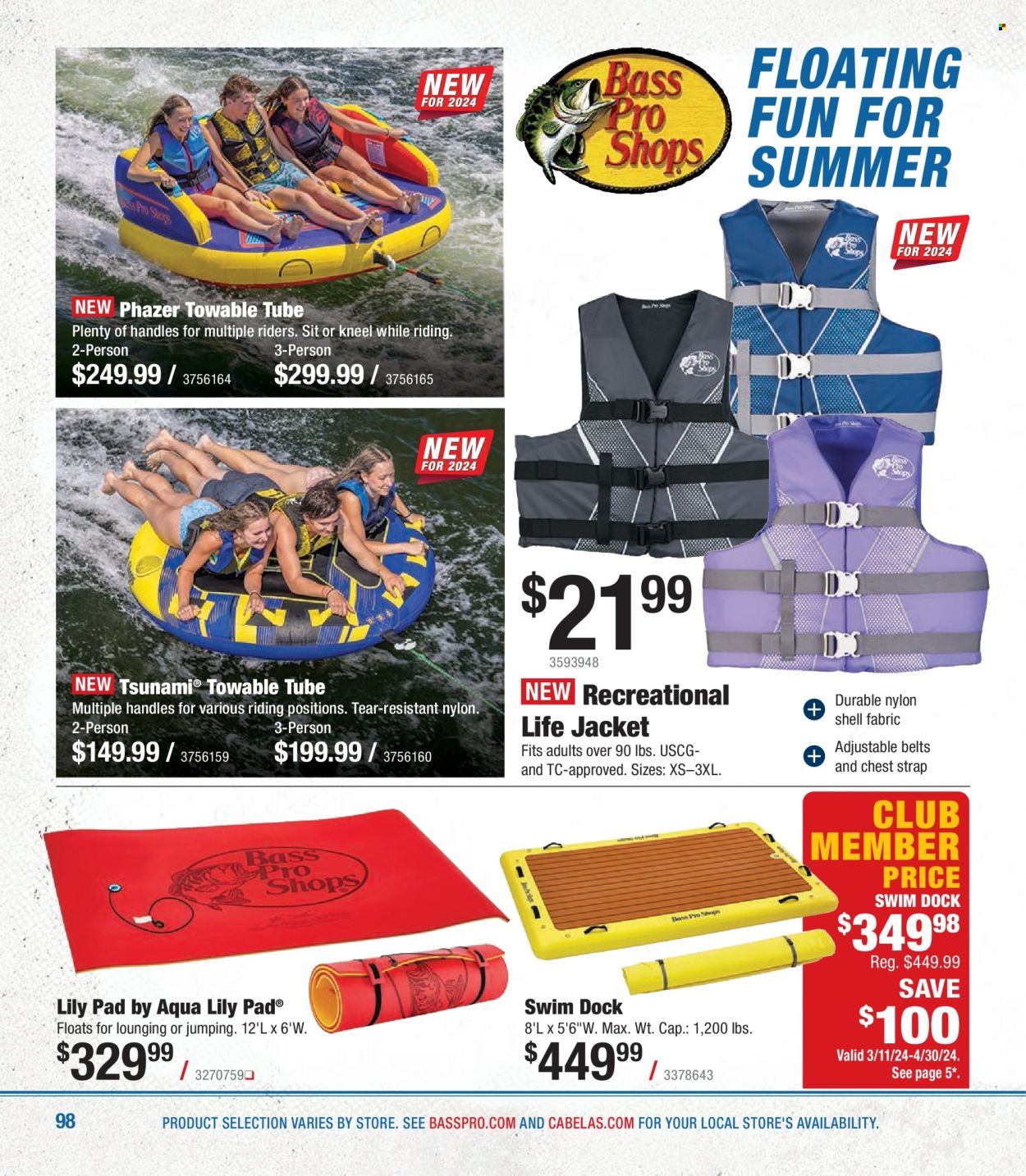 thumbnail - Bass Pro Shops Flyer - Sales products - life jacket, tow tube, Bass Pro, lily, strap. Page 98.