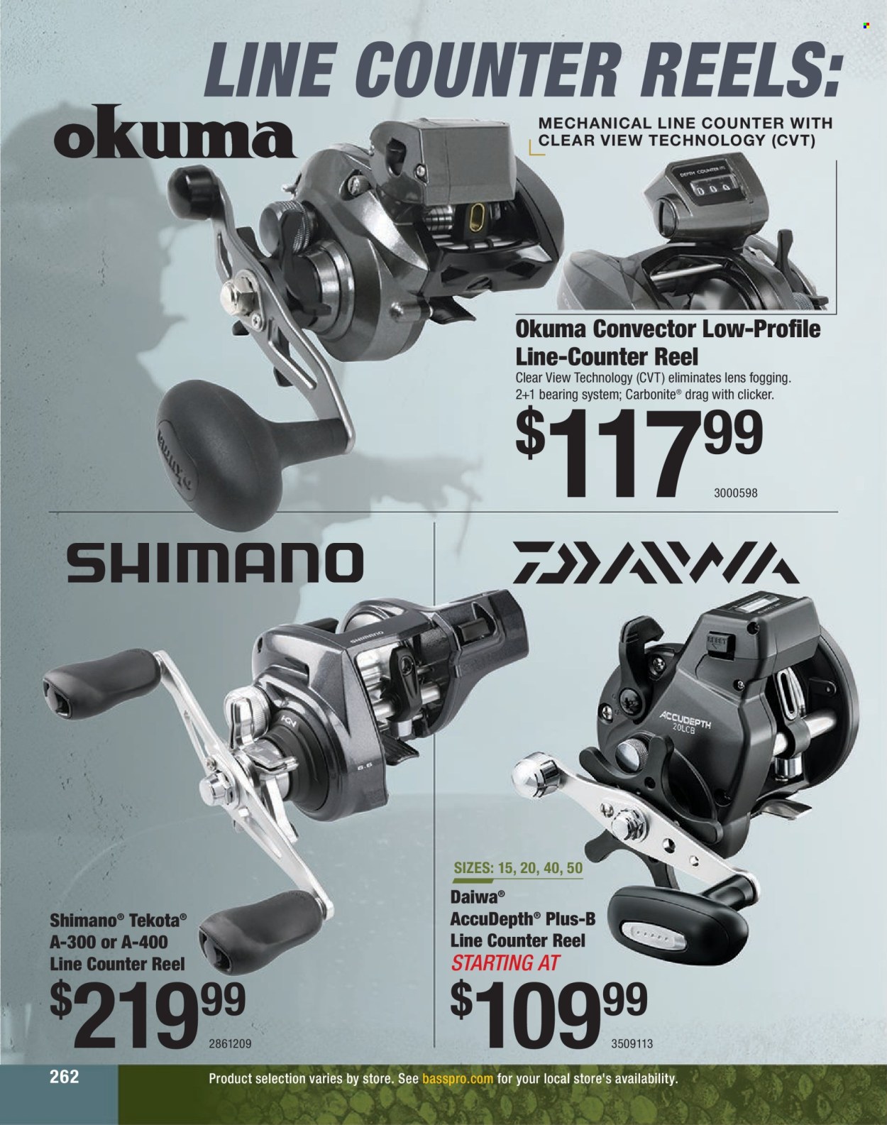 thumbnail - Bass Pro Shops Flyer - Sales products - lens, Shimano, reel, fishing rod, DAIWA. Page 262.
