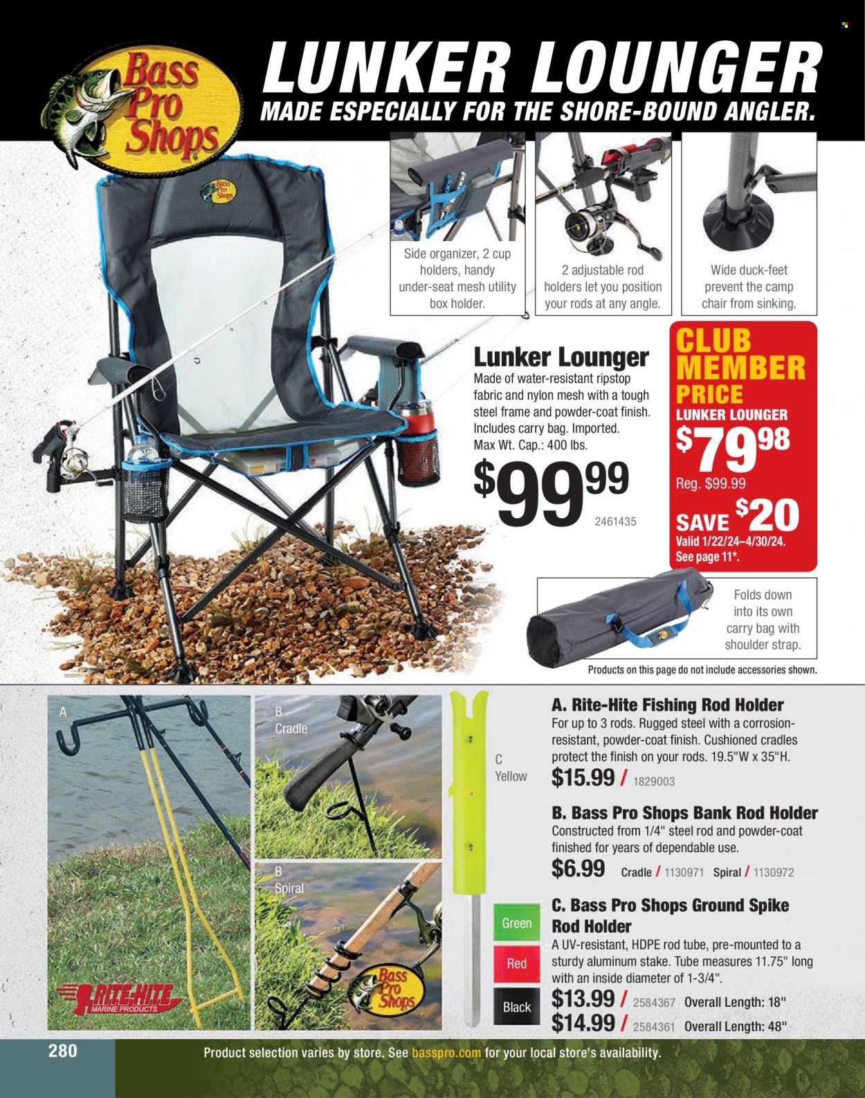 thumbnail - Bass Pro Shops Flyer - Sales products - Bass Pro, chair, camping chair, rod holder, strap. Page 280.