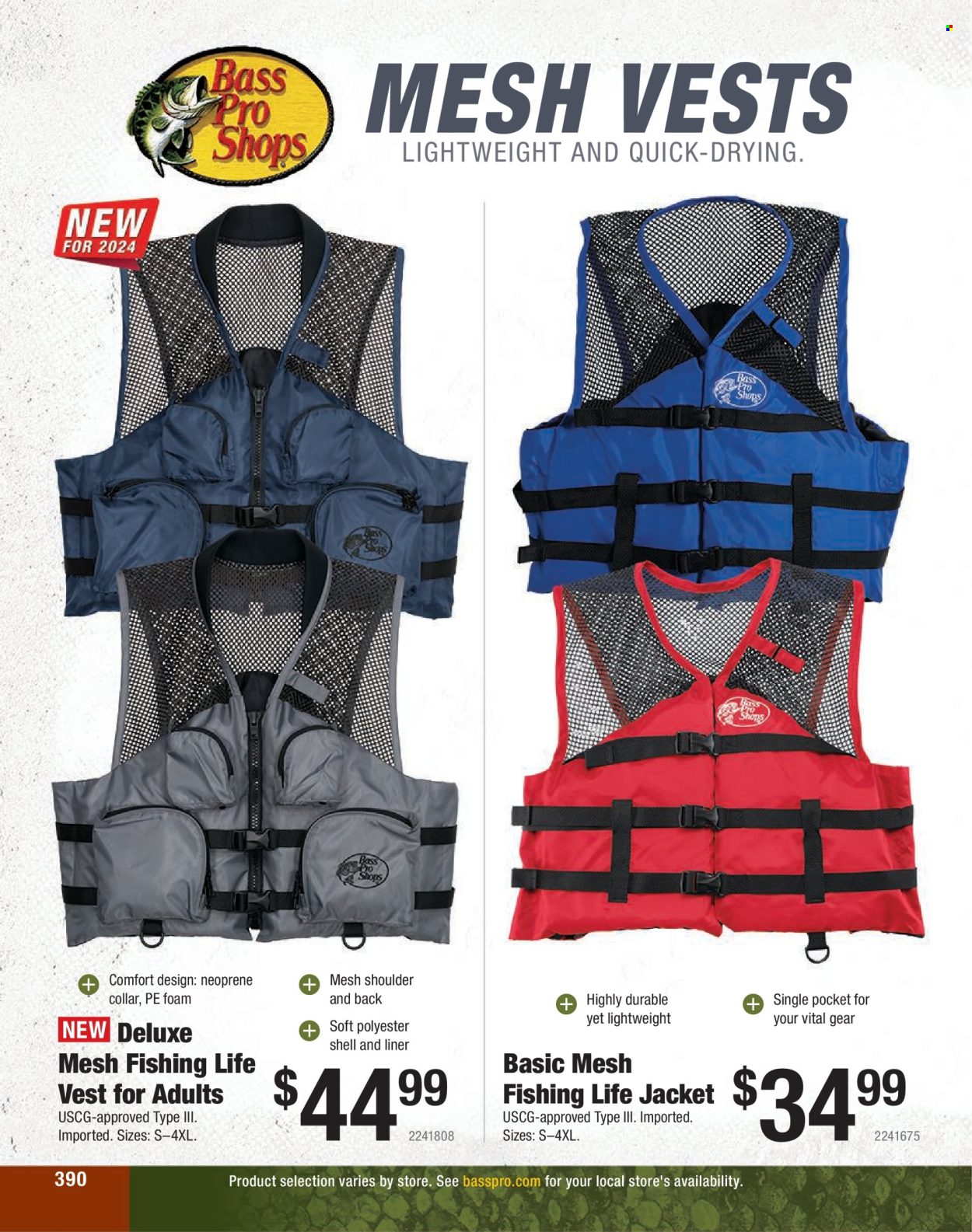 thumbnail - Bass Pro Shops Flyer - Sales products - vest, life jacket, neoprene, Bass Pro. Page 390.