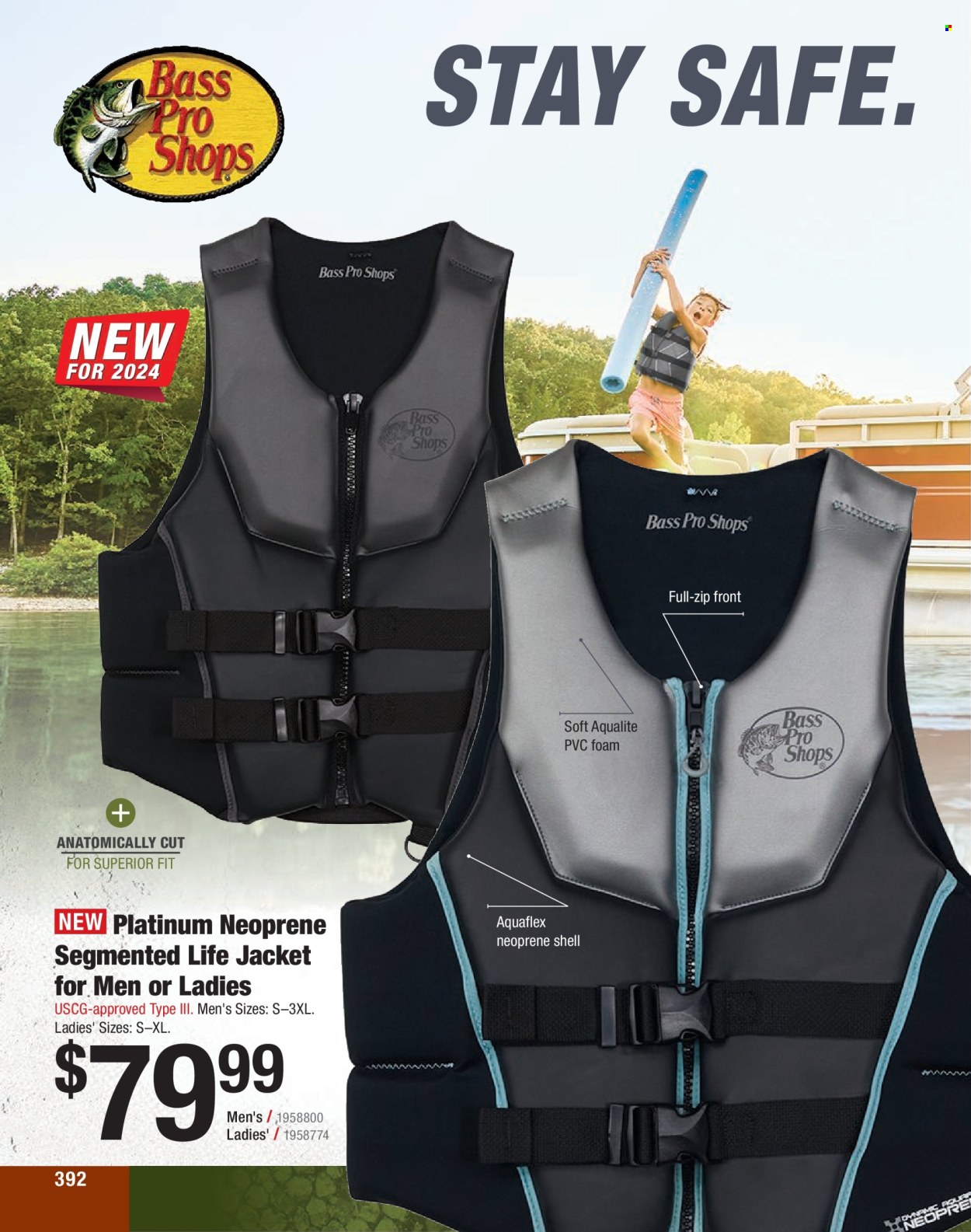 thumbnail - Bass Pro Shops Flyer - Sales products - life jacket, neoprene, Bass Pro. Page 392.
