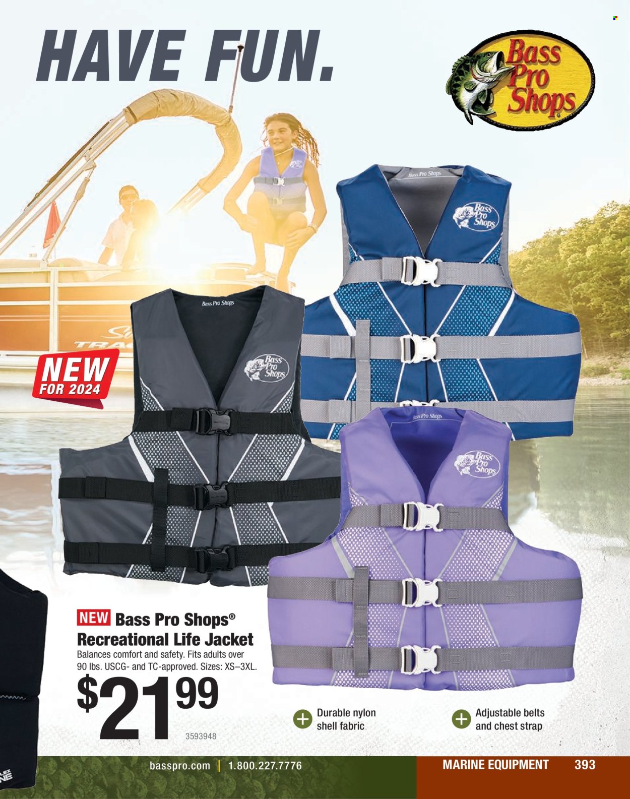 thumbnail - Bass Pro Shops Flyer - Sales products - life jacket, Bass Pro, strap. Page 393.