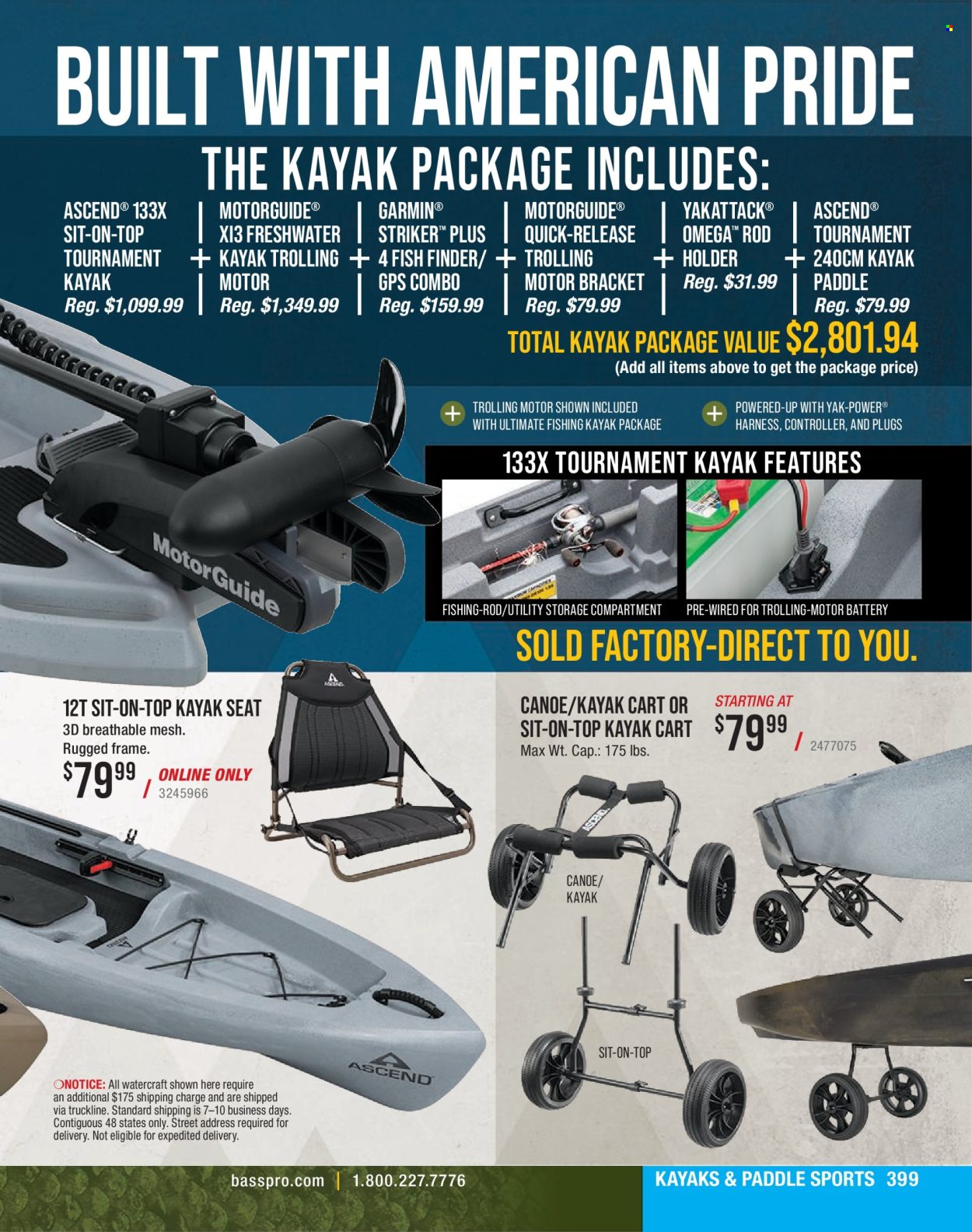 thumbnail - Bass Pro Shops Flyer - Sales products - Garmin, canoe, kayak paddle, fish finder, fishing kayak, rod holder, cart. Page 399.