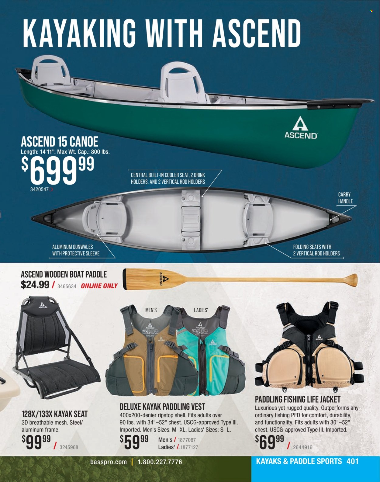 thumbnail - Bass Pro Shops Flyer - Sales products - vest, canoe, boat, life jacket, kayak. Page 401.