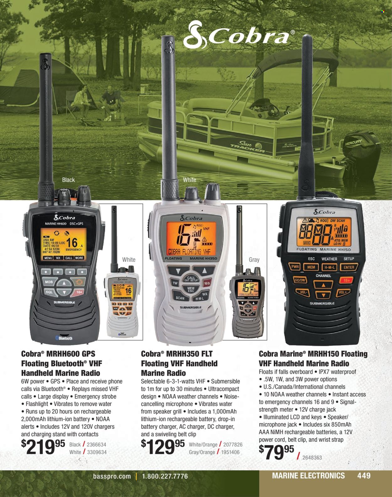 thumbnail - Bass Pro Shops Flyer - Sales products - radio, speaker, microphone, wrist strap, flashlight, strap. Page 449.