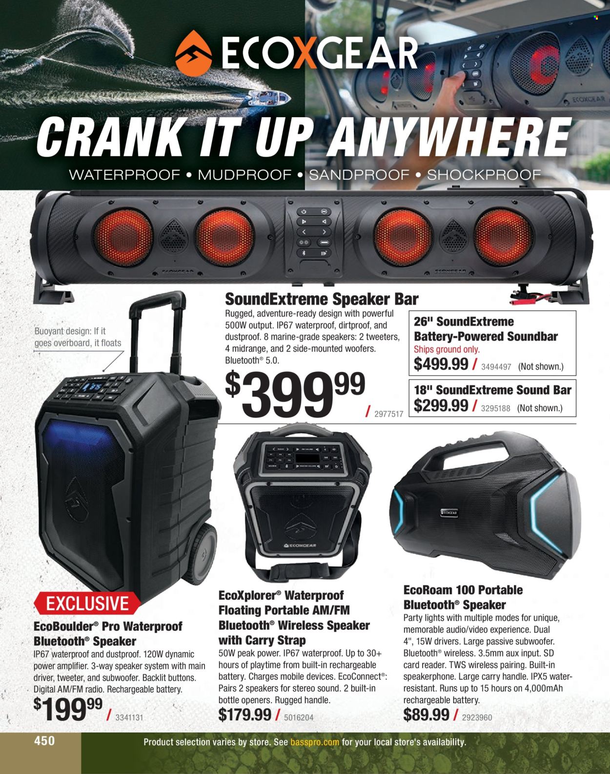 thumbnail - Bass Pro Shops Flyer - Sales products - memory card, radio, speaker, subwoofer, bluetooth speaker, sound bar, amplifier, strap. Page 450.