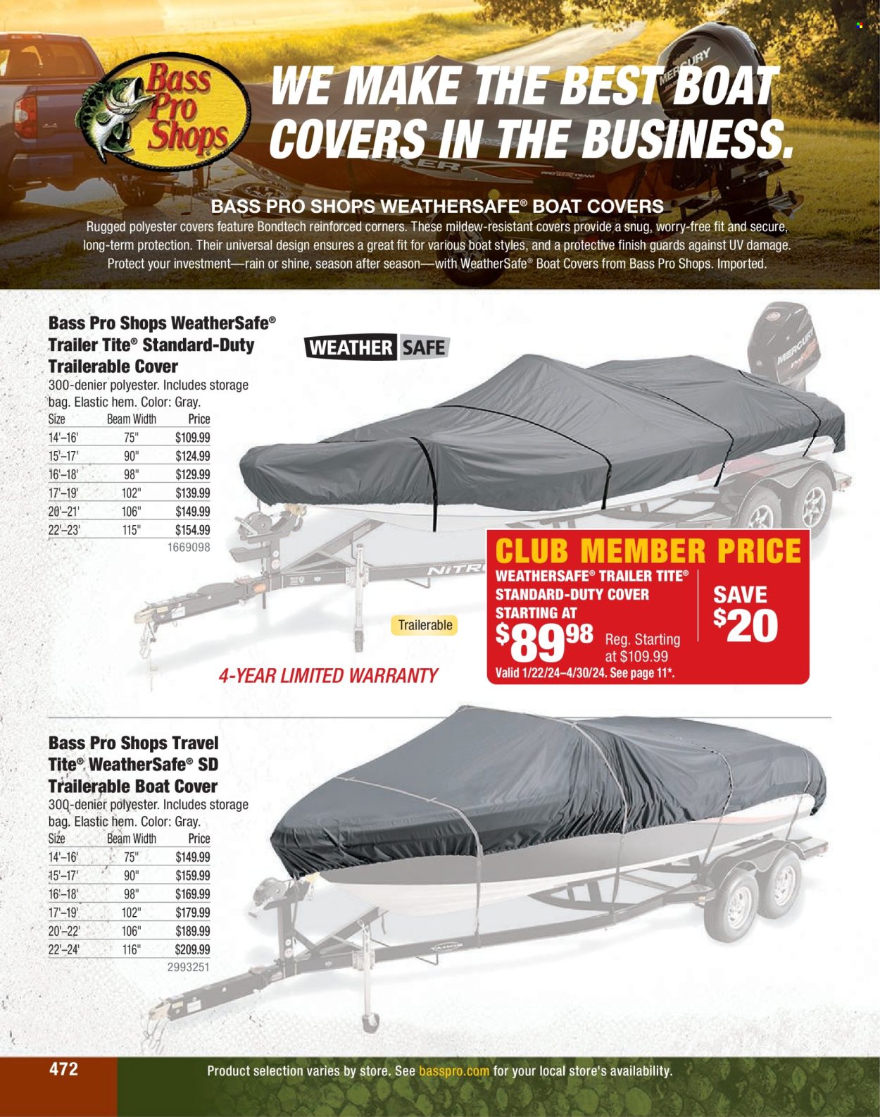 thumbnail - Bass Pro Shops Flyer - Sales products - Snug, boat cover, Bass Pro. Page 472.