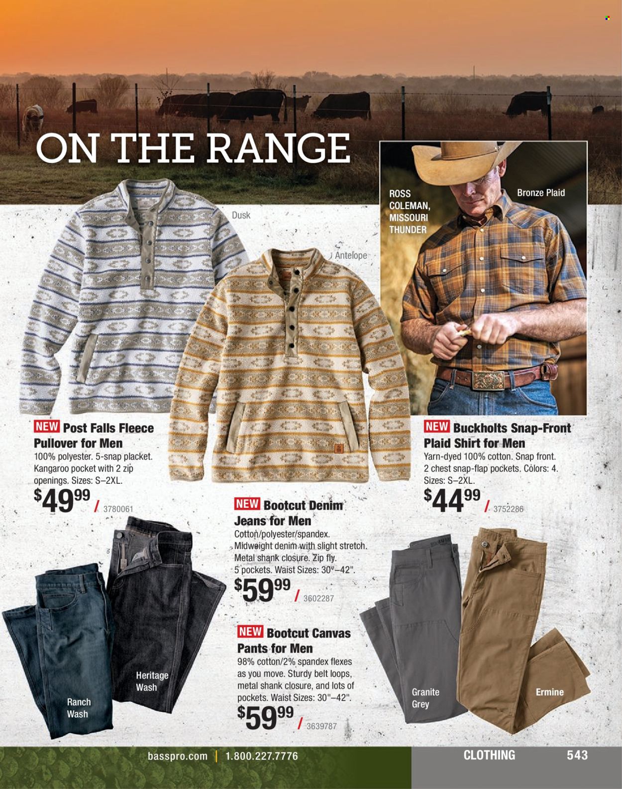 thumbnail - Bass Pro Shops Flyer - Sales products - Denim, jeans, pants, shirt, pullover, Coleman. Page 543.