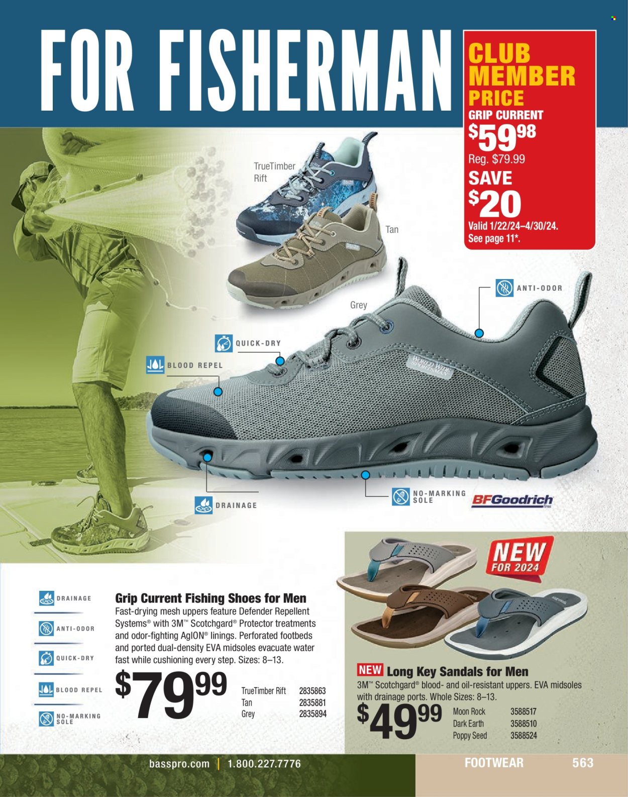 thumbnail - Bass Pro Shops Flyer - Sales products - sandals, shoes, BF Goodrich. Page 563.