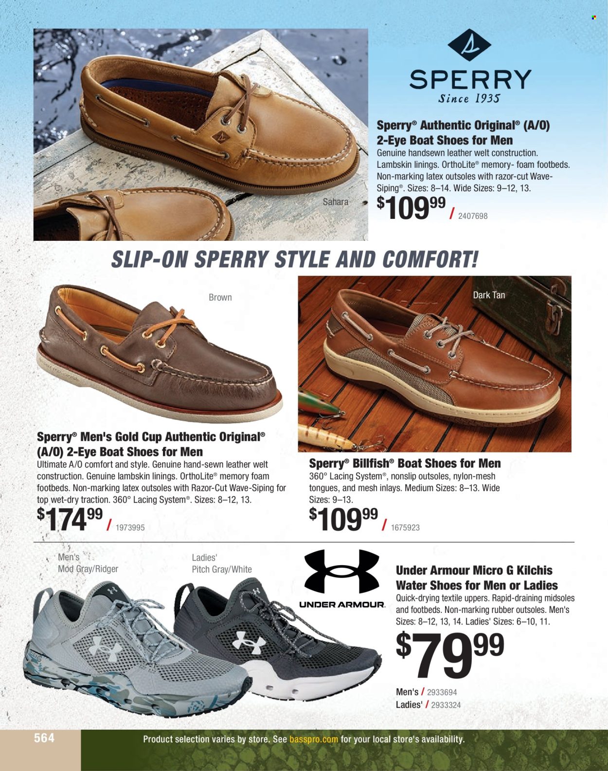 thumbnail - Bass Pro Shops Flyer - Sales products - shoes, slip-on shoes, water shoes, razor, carpet, Under Armour. Page 564.