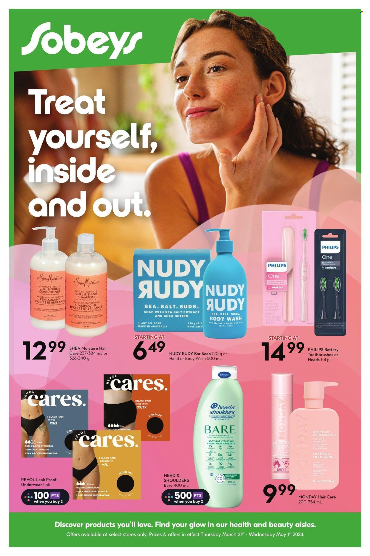 thumbnail - Sobeys Flyer - March 21, 2024 - May 01, 2024 - Sales products - Silk, body wash, shampoo, soap bar, soap, hair products, toothbrush, conditioner, Head & Shoulders, Philips. Page 1.