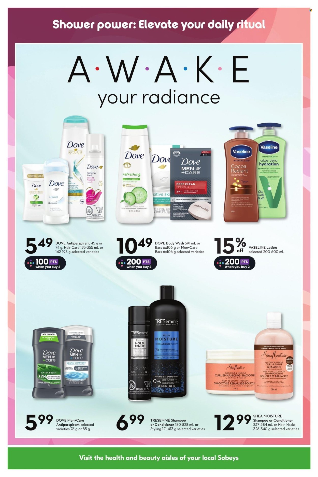 thumbnail - Sobeys Flyer - March 21, 2024 - May 01, 2024 - Sales products - Silk, Dove, smoothie, aloe vera, green tea, body wash, shampoo, Vaseline, hair products, moisturing cream, conditioner, TRESemmé, hair styling product, body lotion, anti-perspirant, eau de parfum, Eclat. Page 2.