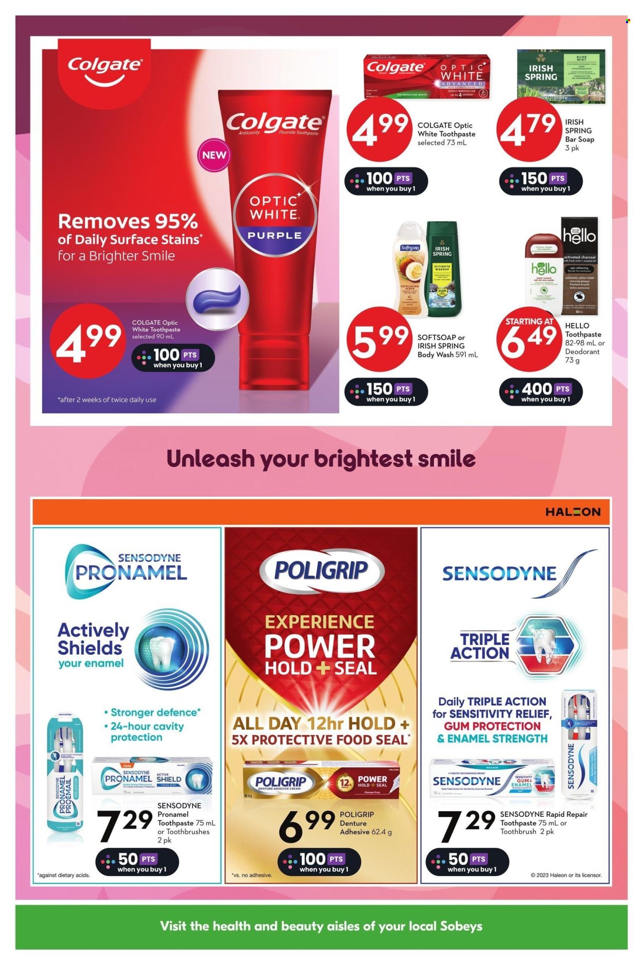 thumbnail - Sobeys Flyer - March 21, 2024 - May 01, 2024 - Sales products - coconut oil, body wash, Softsoap, soap bar, soap, toothbrush, toothpaste, denture cream, teeth whitening, deodorant, shades, activated charcoal, Colgate, Sensodyne. Page 7.