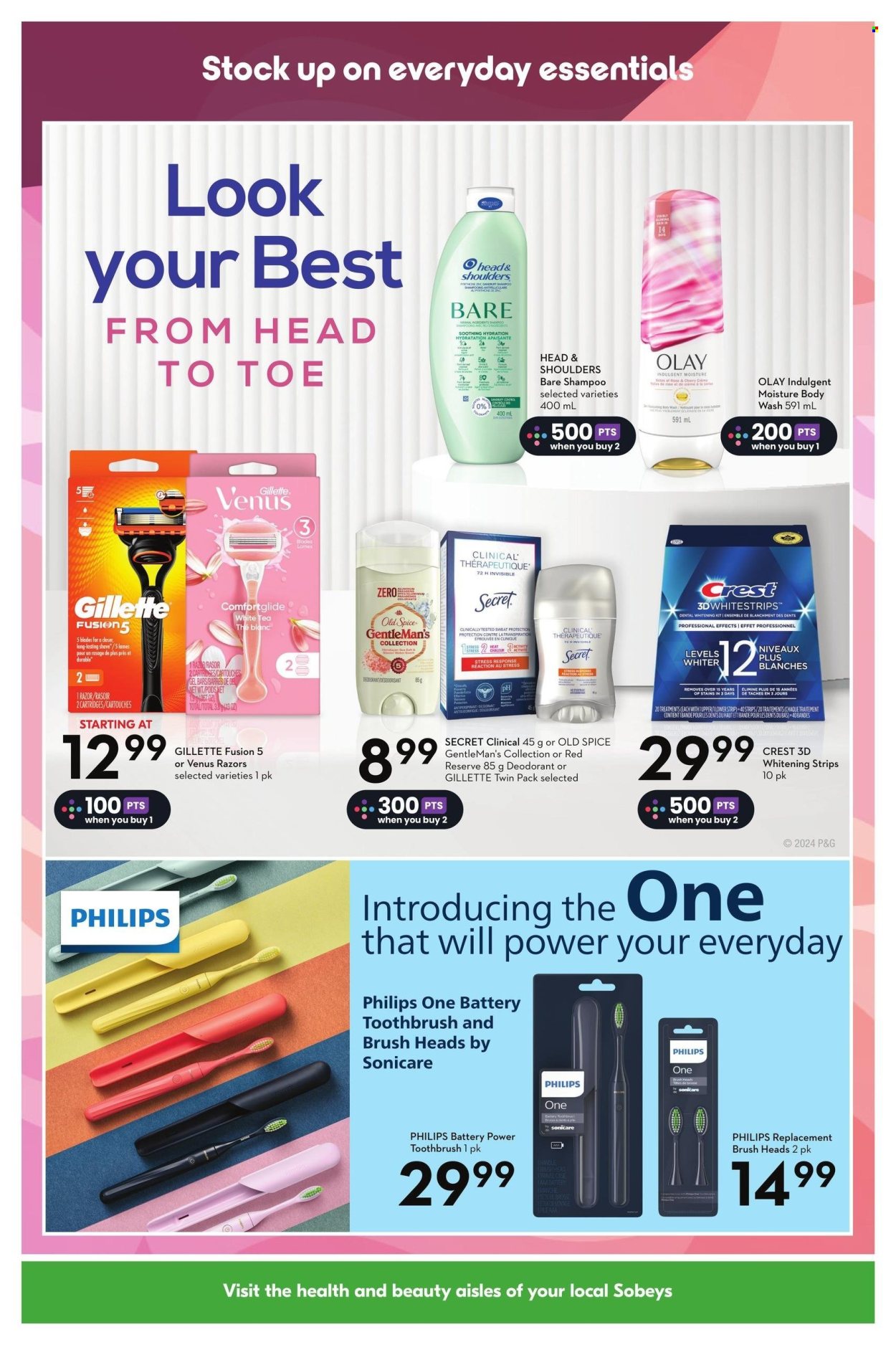thumbnail - Sobeys Flyer - March 21, 2024 - May 01, 2024 - Sales products - body wash, shampoo, toothbrush, toothbrush head, Crest, teeth whitening, Clinique, Gillette, Olay, Head & Shoulders, anti-perspirant, deodorant, razor, Venus, Philips, Old Spice. Page 8.