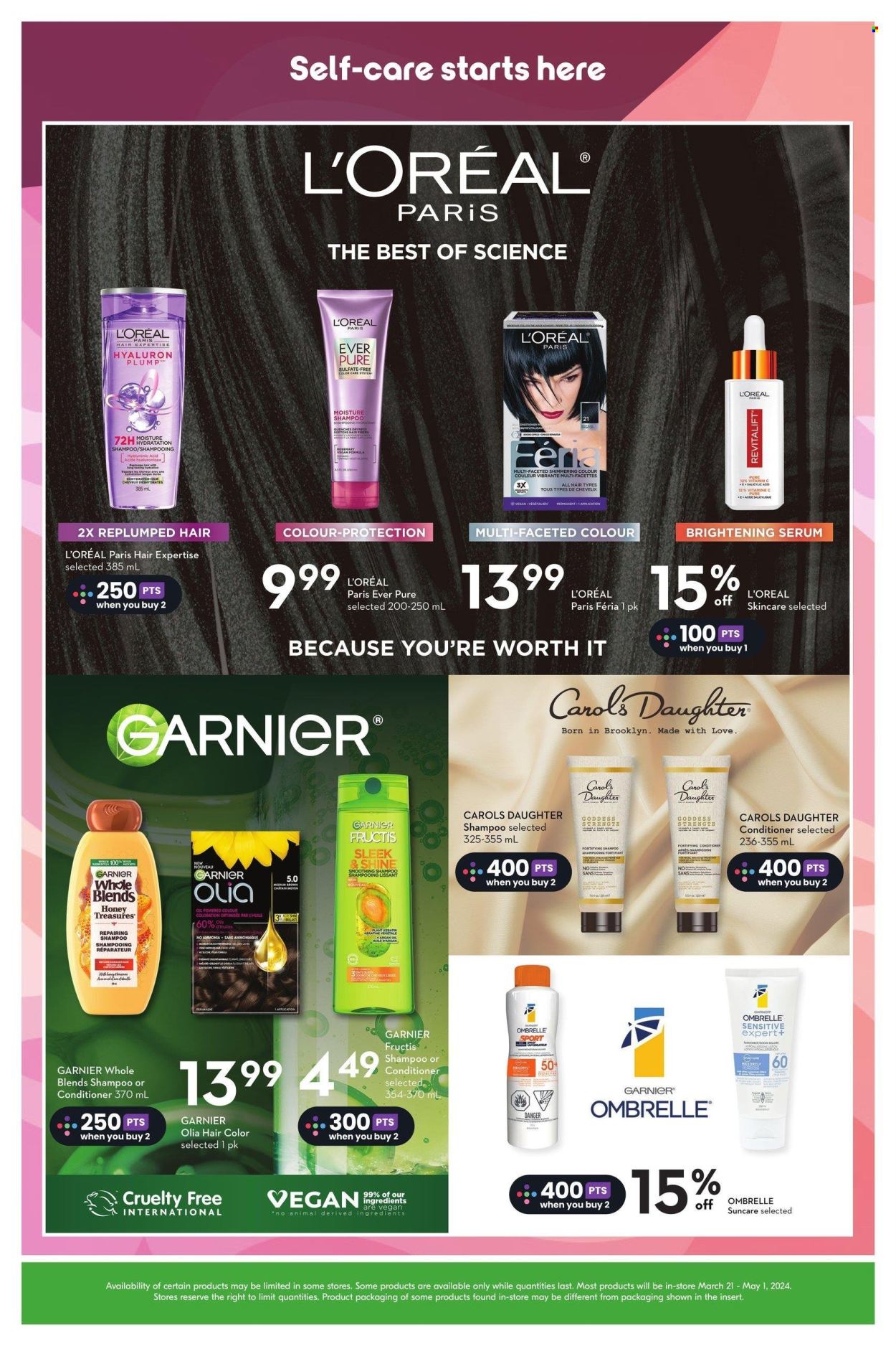 thumbnail - Sobeys Flyer - March 21, 2024 - May 01, 2024 - Sales products - rosemary, honey, beer, shampoo, hair products, brightening serum, L’Oréal, serum, conditioner, hair color, Fructis, Garnier. Page 9.