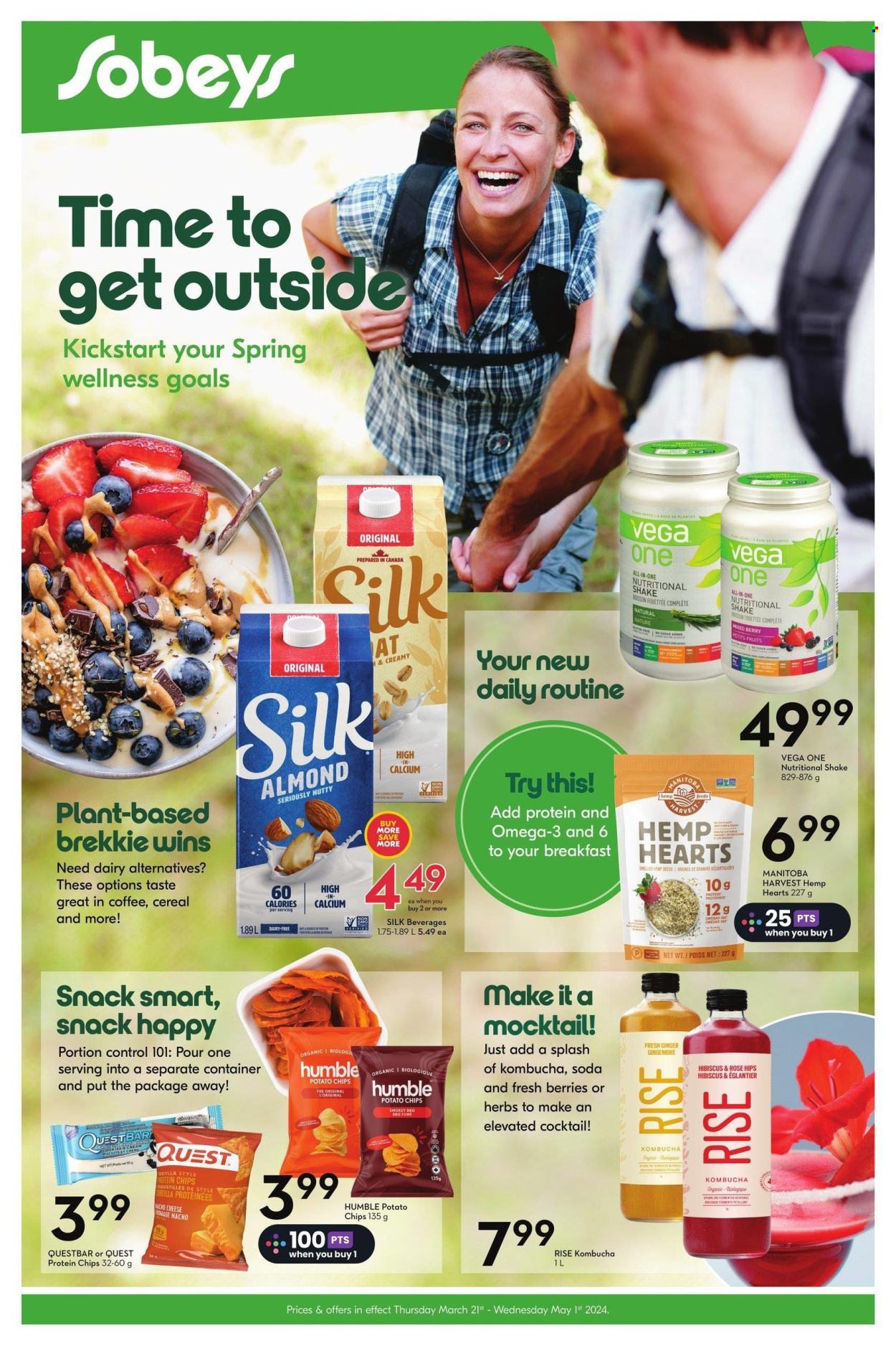 thumbnail - Sobeys Flyer - March 21, 2024 - May 01, 2024 - Sales products - tortillas, snack, plant based product, protein snack, Silk, almond milk, shake, plant-based milk, potato chips, chips, cereals, hemp seeds, soda, kombucha, container, calcium, nutritional supplement. Page 1.