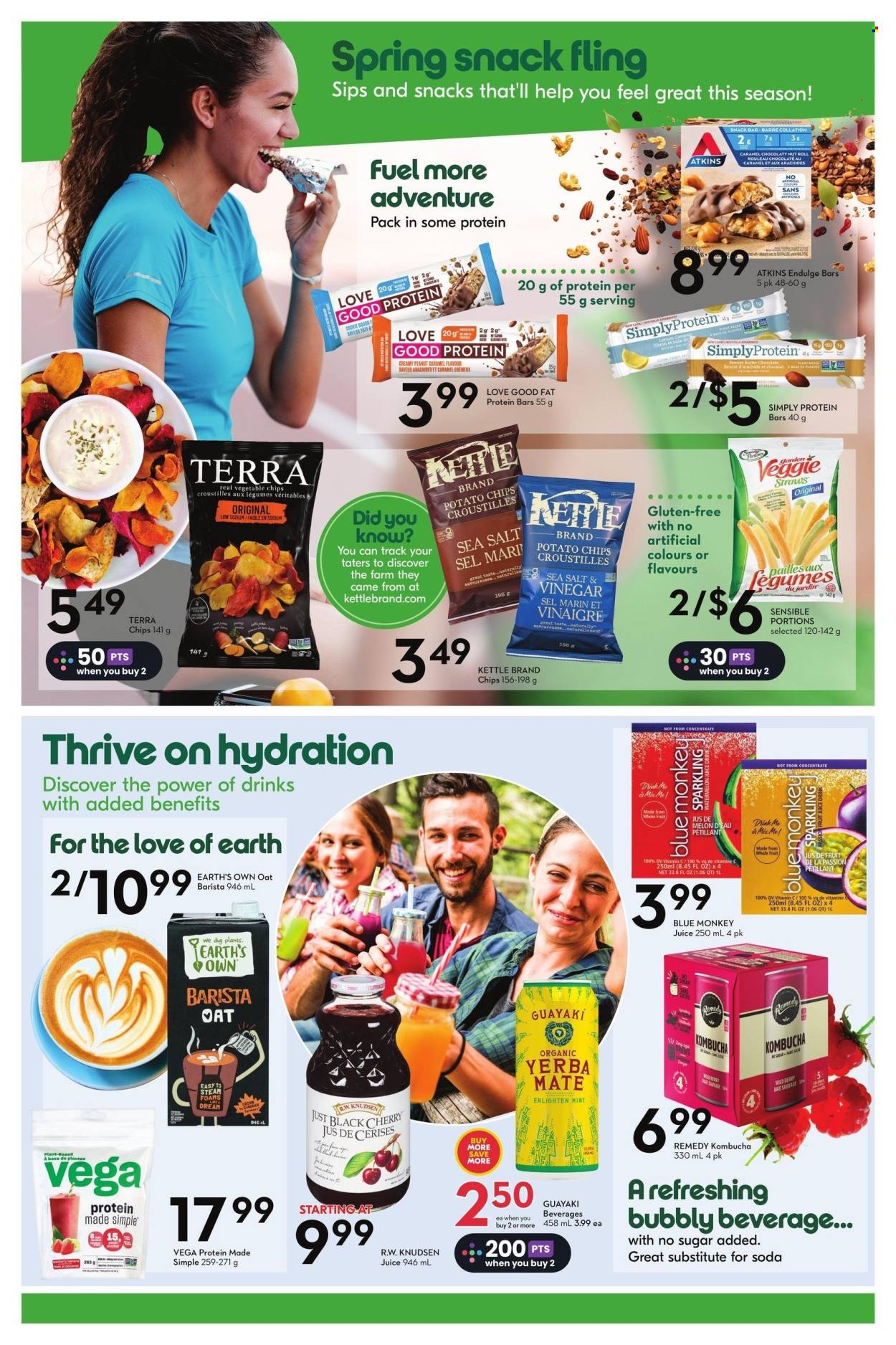 thumbnail - Sobeys Flyer - March 21, 2024 - May 01, 2024 - Sales products - melons, snack bar, oat milk, bars, potato chips, vegetable chips, veggie straws, protein bar, mint, caramel, juice, ice tea, soda, kombucha, vitamin c. Page 2.