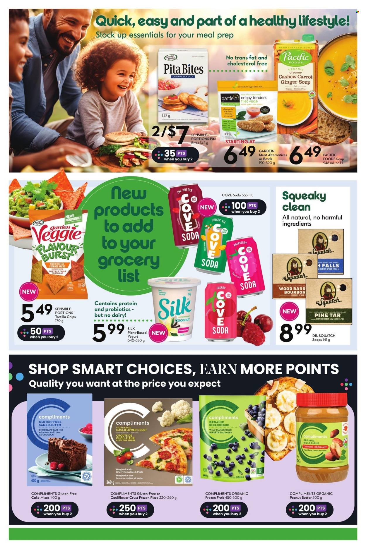 thumbnail - Sobeys Flyer - March 21, 2024 - May 01, 2024 - Sales products - pita, cake mix, tomatoes, pizza, plant based product, yoghurt, Silk, organic frozen fruit, frozen fruit, tortilla chips, baking mix, pesto, peanut butter, ginger ale, soda, alcohol, bourbon. Page 3.