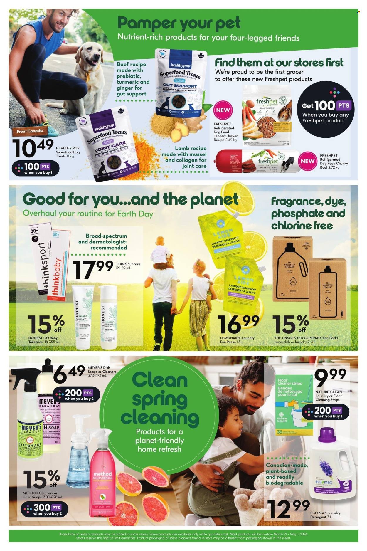 thumbnail - Sobeys Flyer - March 21, 2024 - May 01, 2024 - Sales products - ginger, rice, turmeric, baby toiletries, detergent, cleaner, floor cleaner, laundry detergent, hand soap, soap, conditioner, body lotion, fragrance, animal food, animal treats, dog food, Freshpet, dog treat, lavender. Page 4.