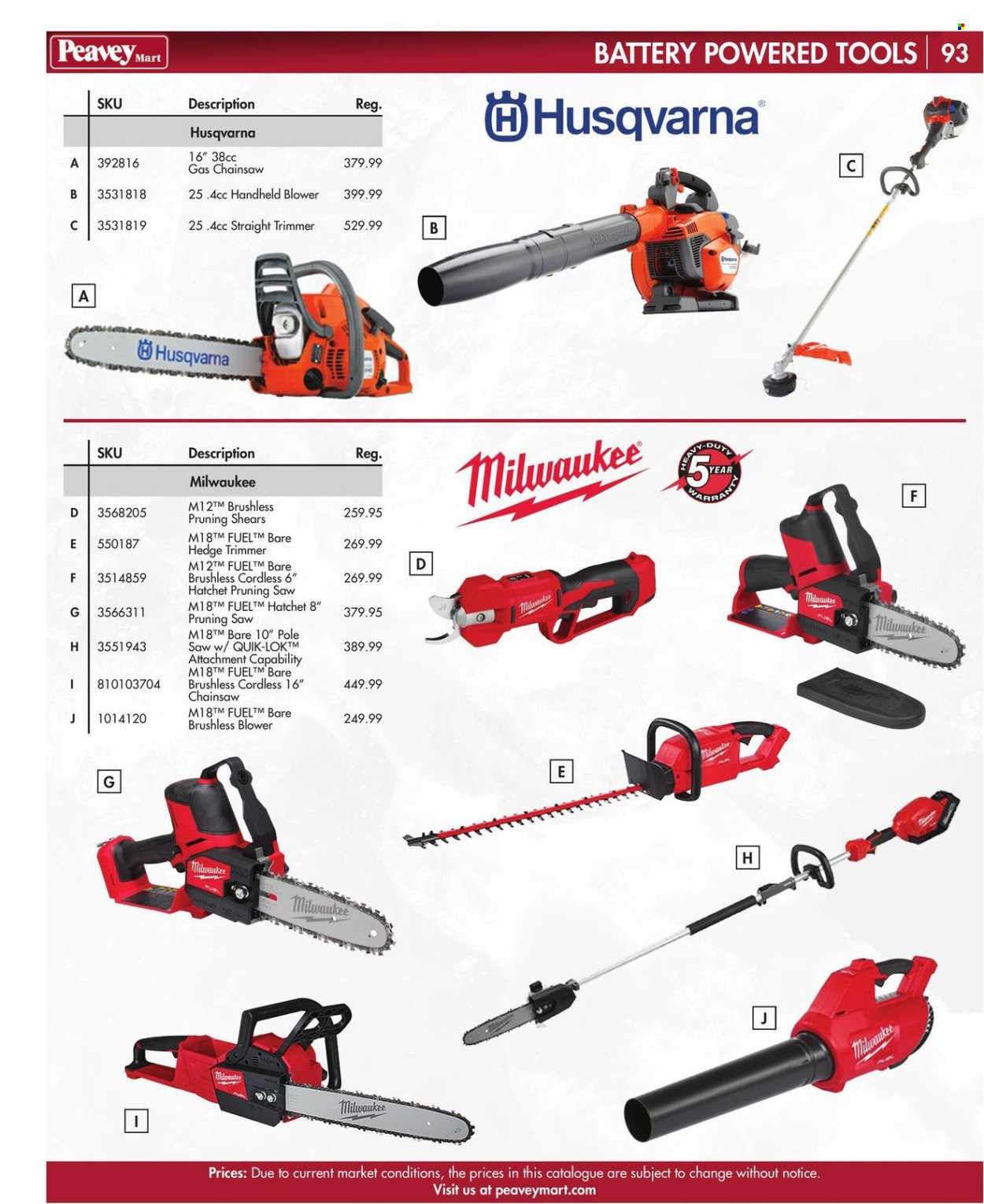 thumbnail - Peavey Mart Flyer - February 28, 2024 - April 30, 2024 - Sales products - scissors, Milwaukee, chain saw, saw, Husqvarna, pruning saw, hedge trimmer, blower. Page 94.