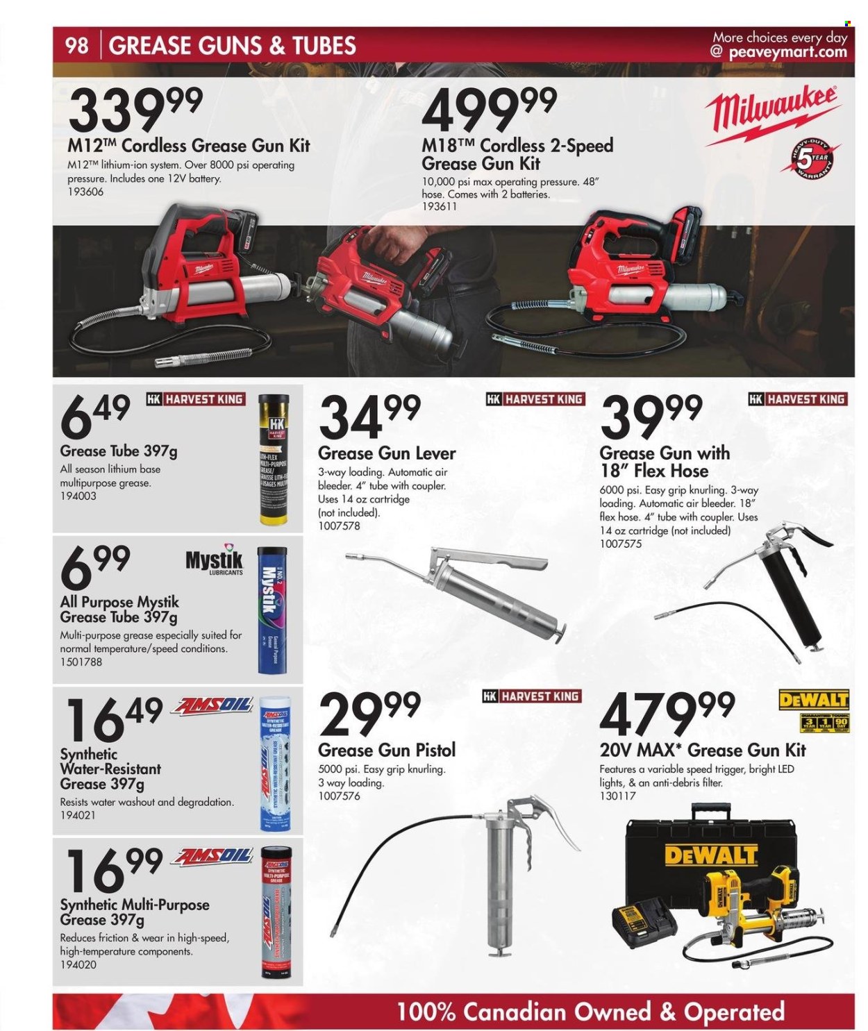 thumbnail - Peavey Mart Flyer - February 28, 2024 - April 30, 2024 - Sales products - battery, DeWALT, LED light, Milwaukee, lubricant, pistol. Page 99.