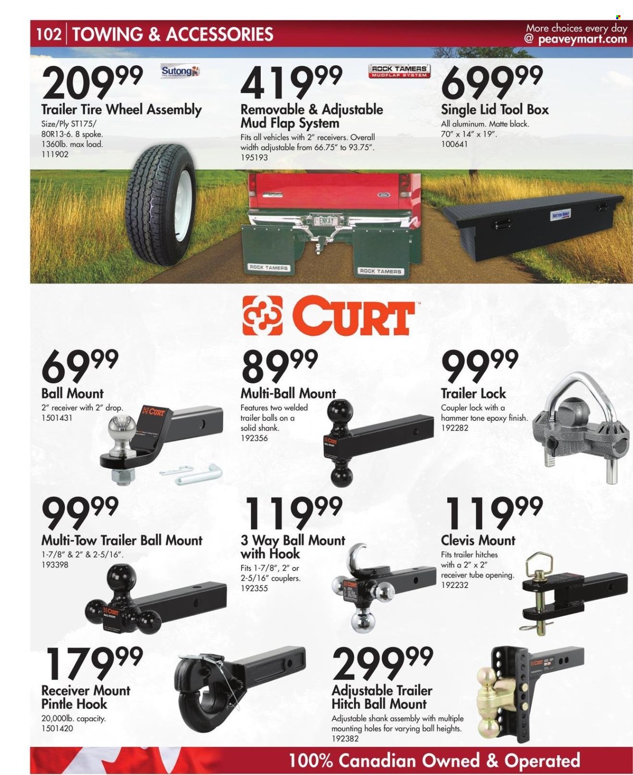 thumbnail - Peavey Mart Flyer - February 28, 2024 - April 30, 2024 - Sales products - lid, hammer, tool box, receiver, mud flaps, tires. Page 103.
