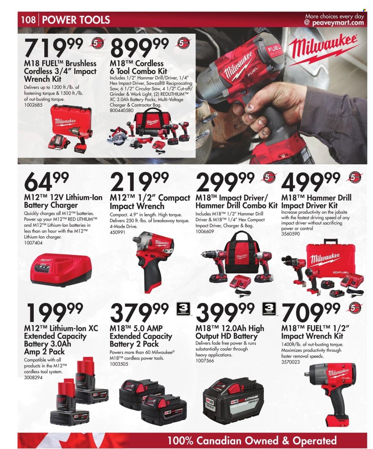 thumbnail - Peavey Mart Flyer - February 28, 2024 - April 30, 2024 - Sales products - bag, battery charger, Milwaukee, drill, impact driver, power tools, hammer drill, impact wrench, grinder, circular saw, saw, reciprocating saw, combo kit. Page 109.