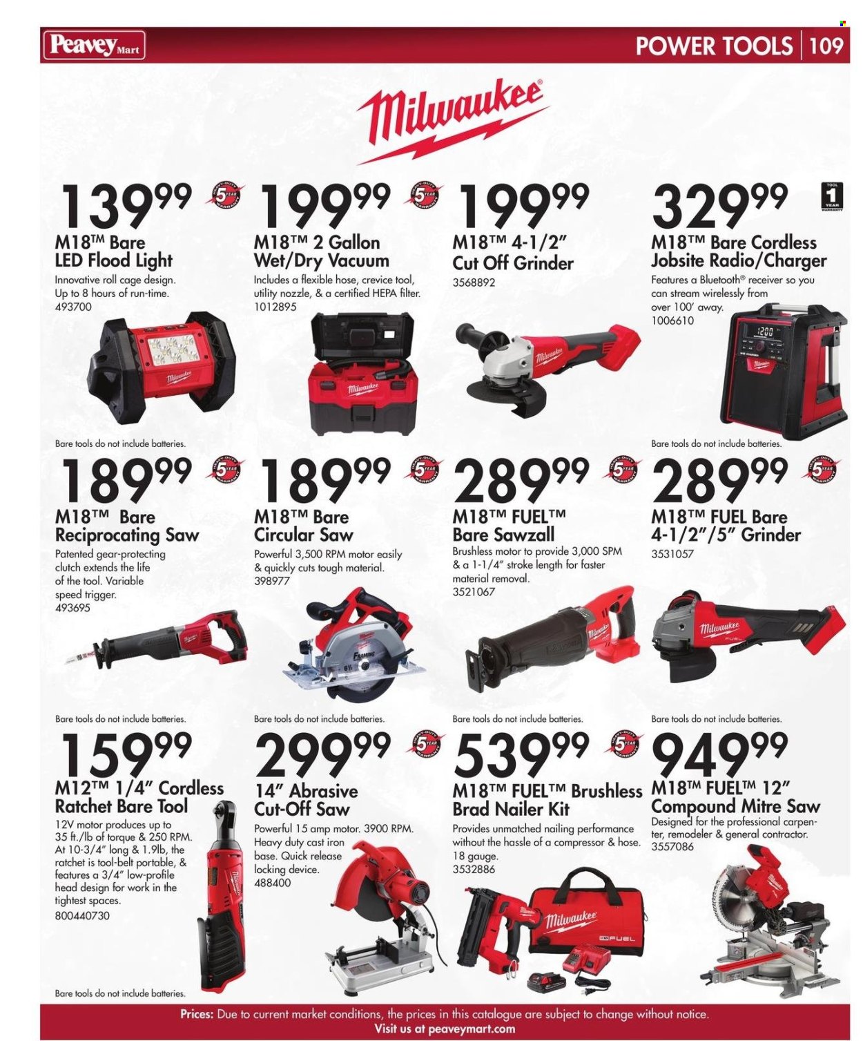 thumbnail - Peavey Mart Flyer - February 28, 2024 - April 30, 2024 - Sales products - compressor, belt, floodlight, Milwaukee, power tools, grinder, circular saw, saw, reciprocating saw, mitre saw, hand tools, air compressor, receiver, nailer, swivel ratchet, gauge, radio. Page 110.